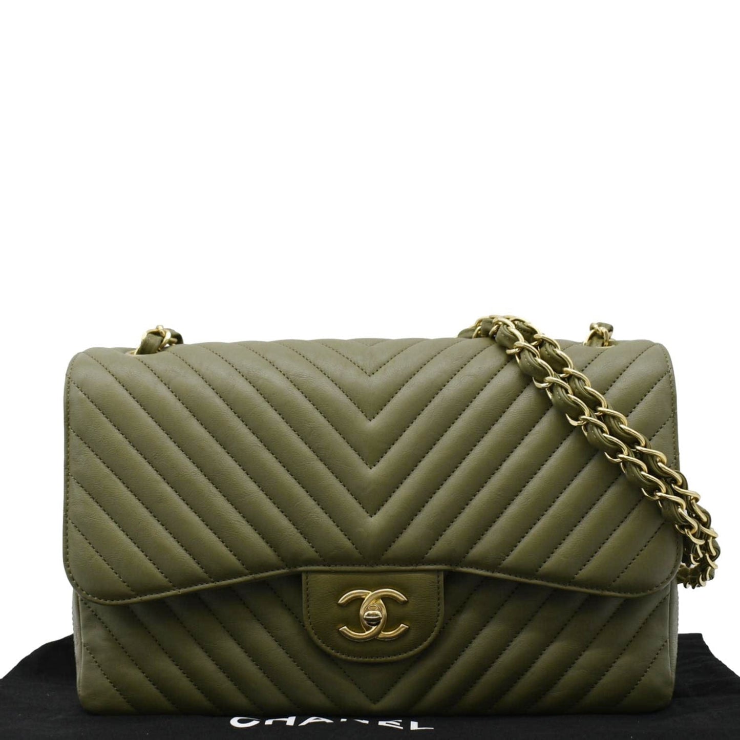 Chanel Classic Jumbo Flap Chevron Olive Leather Travel Bag