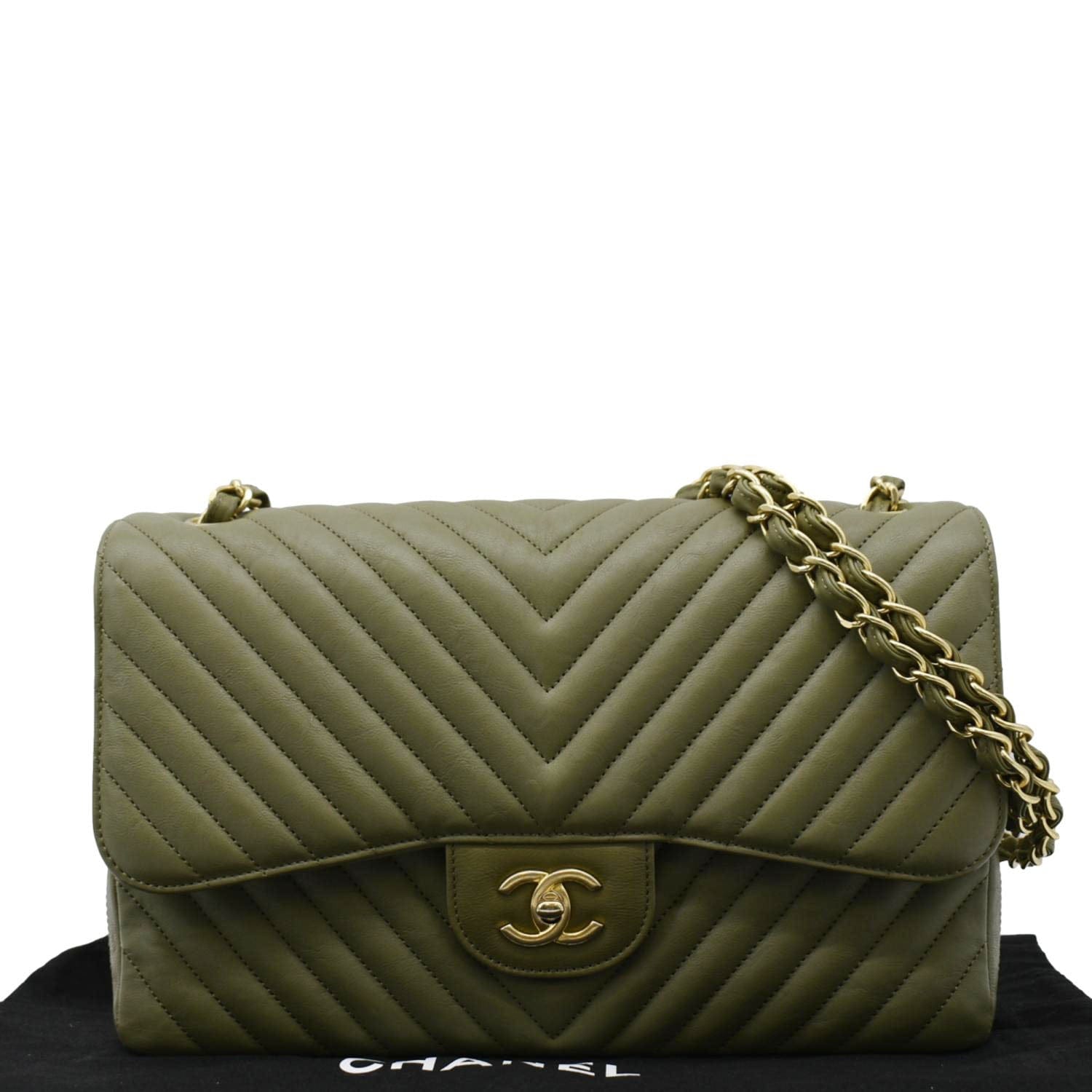 Chanel Classic Jumbo Flap Chevron Olive Leather Travel Bag