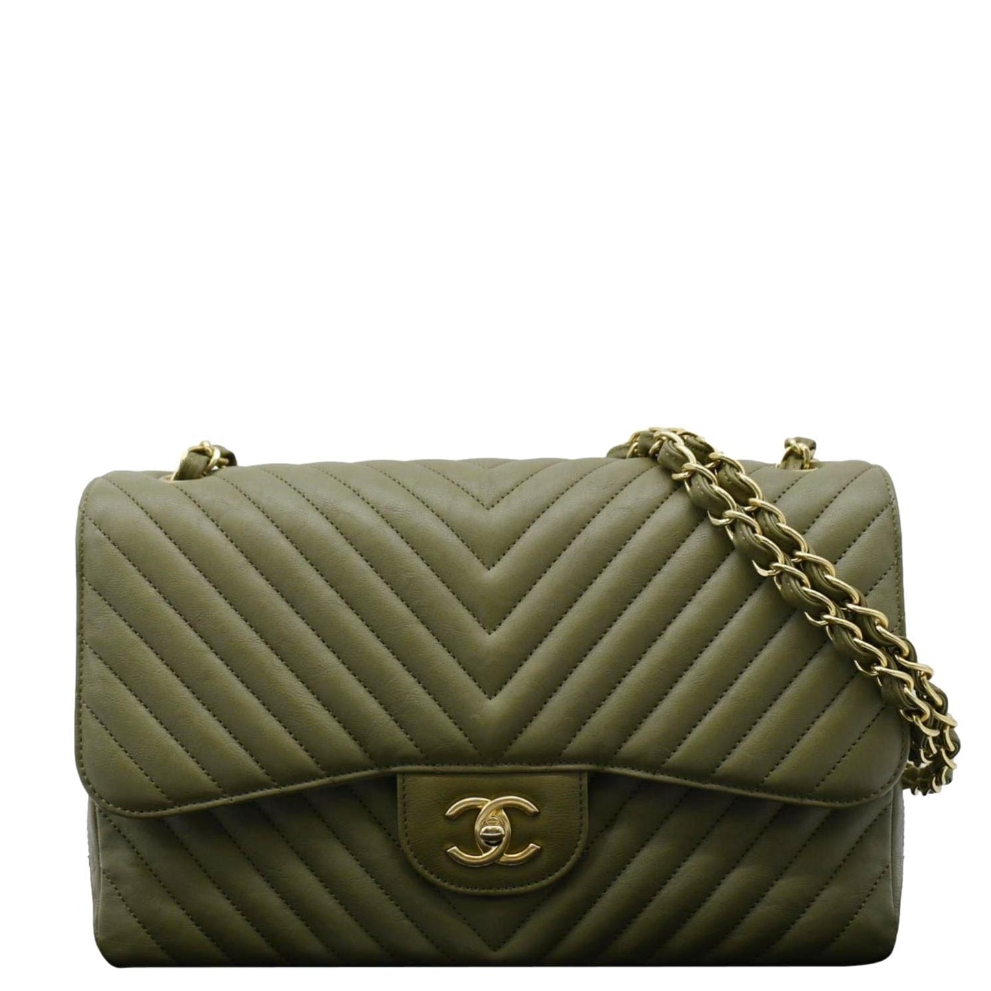 Chanel Classic Jumbo Flap Chevron Olive Leather Travel Bag