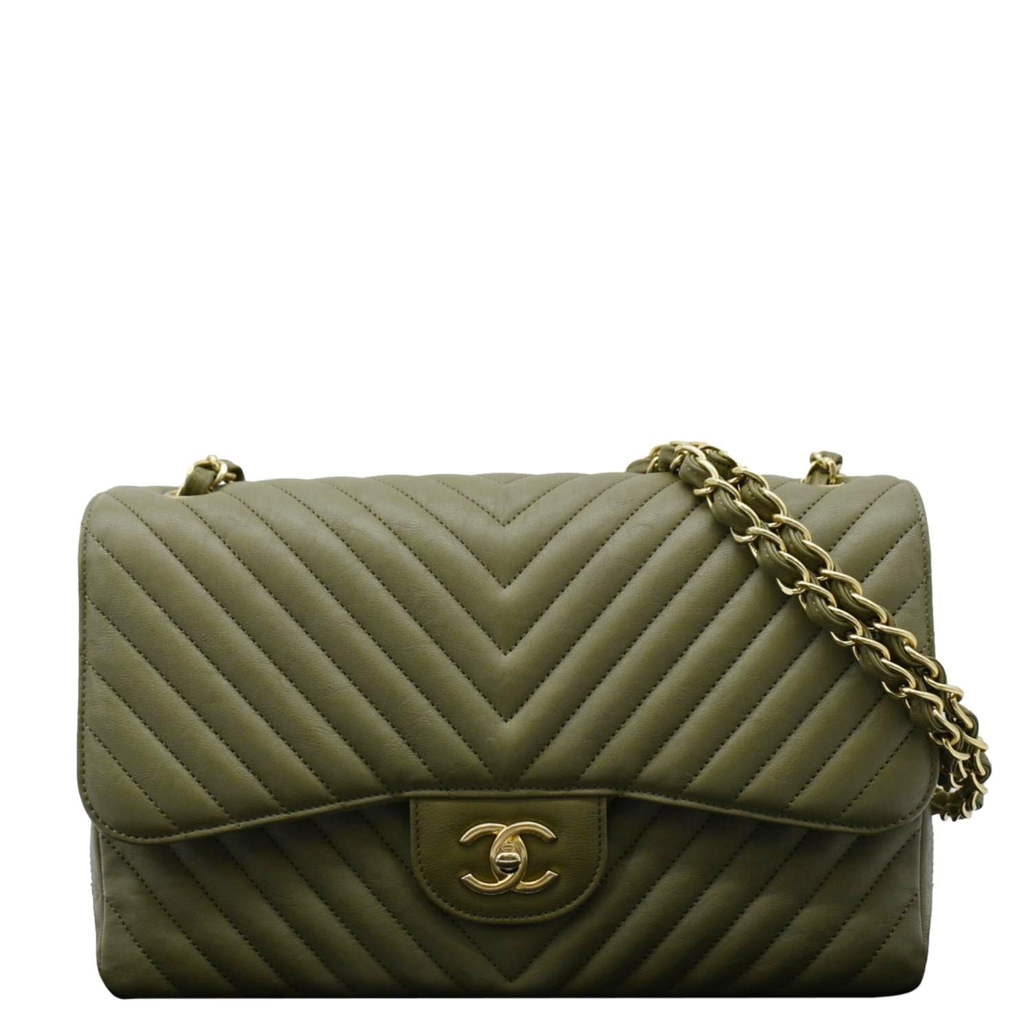 Chanel Classic Jumbo Flap Chevron Olive Leather Travel Bag