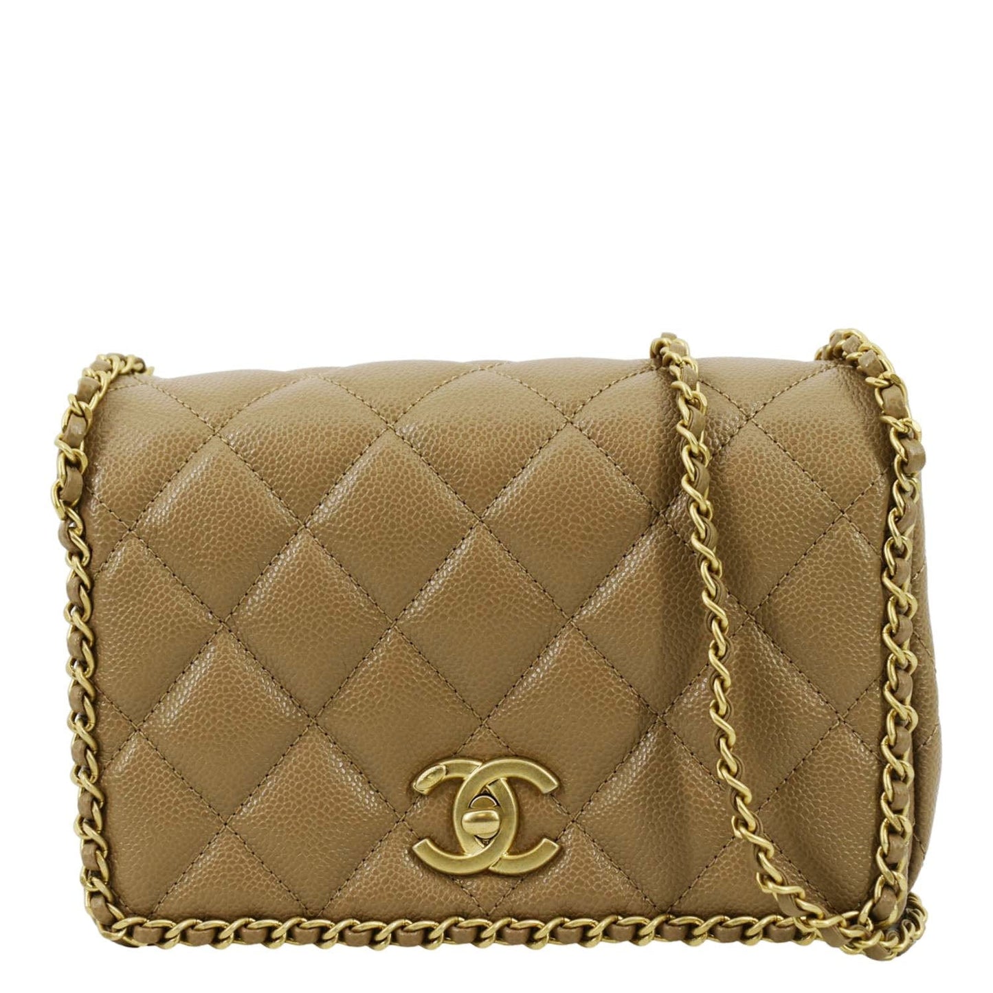 Chanel Around Flap Quilted Leather Gold Beige Travel Bag