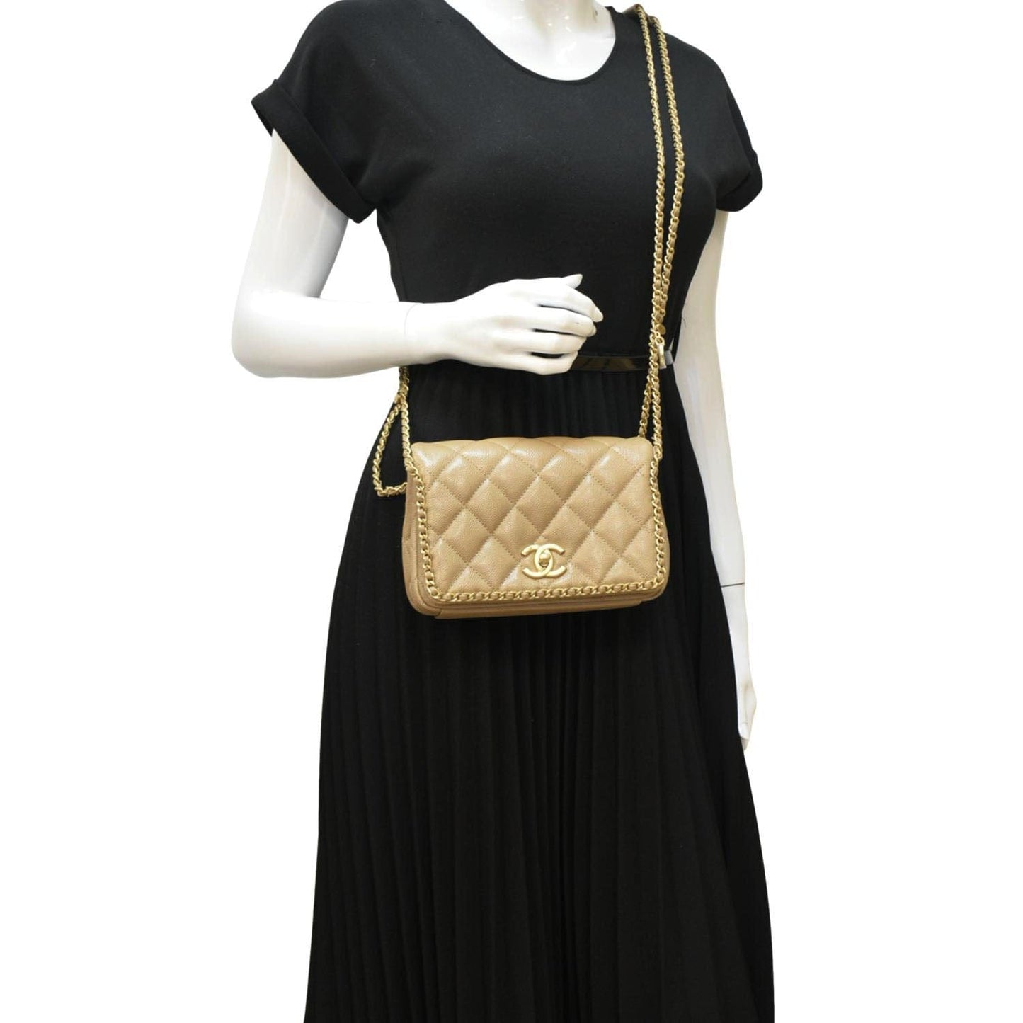Chanel Around Flap Quilted Leather Gold Beige Travel Bag