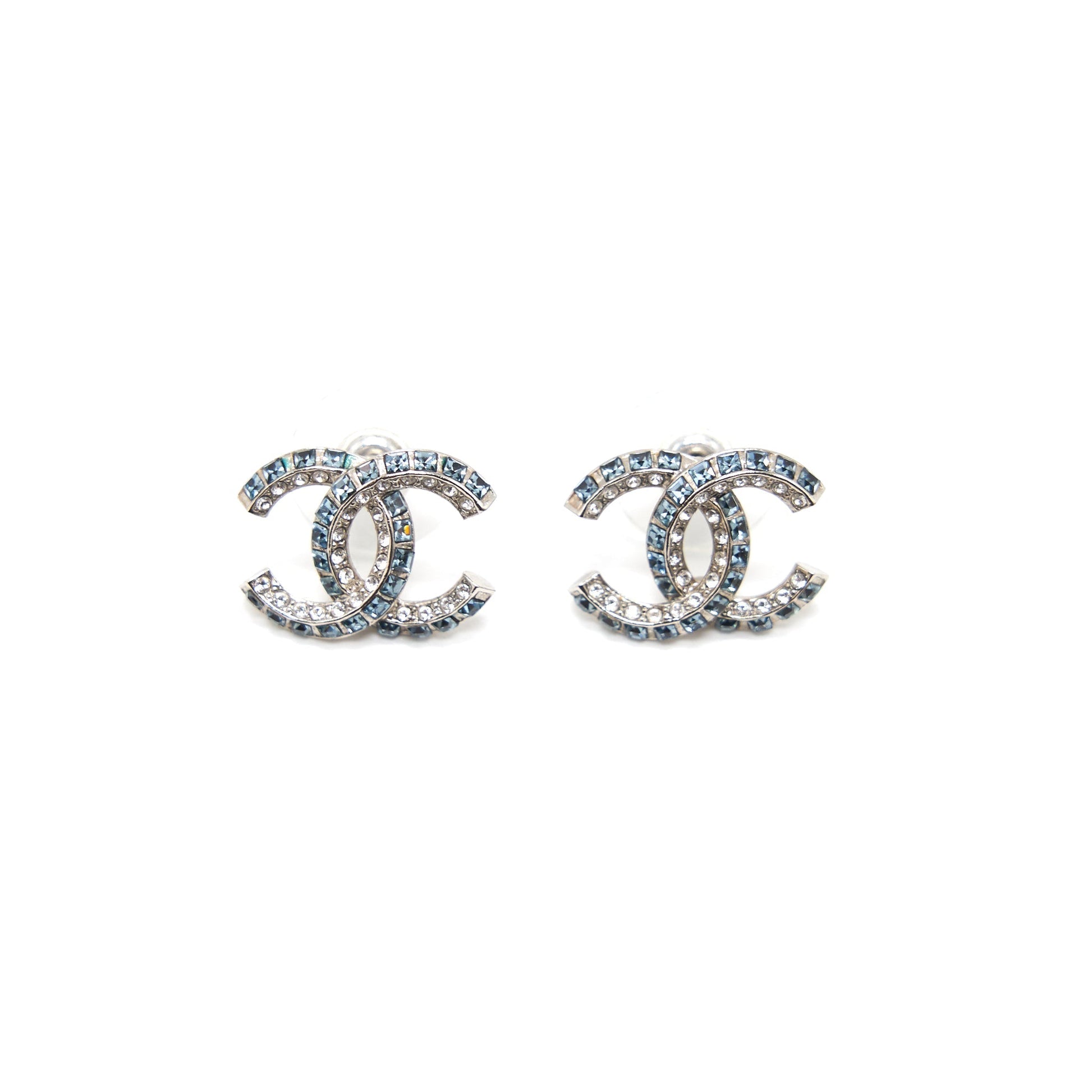 Chanel CC Crystal Stud Earrings in Blue and White Crystals