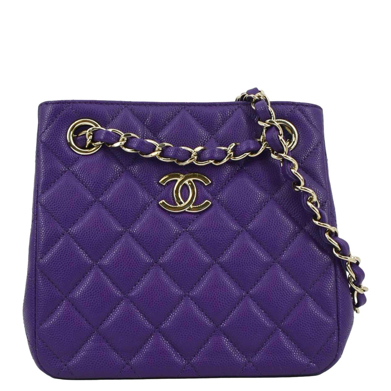 Chanel CC Quilted Caviar Bucket Purple Leather Travel Bag
