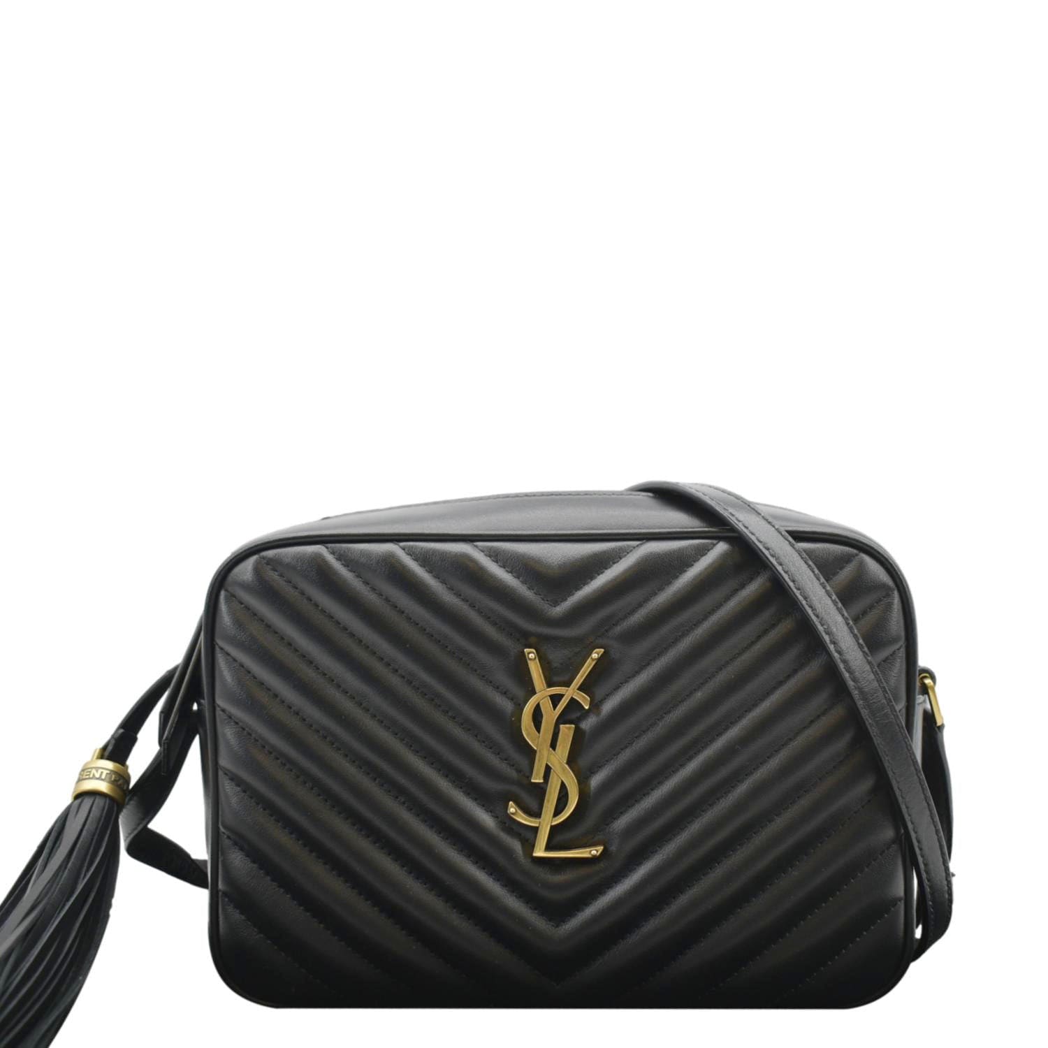YSL Saint Laurent Yves Lou Chevron Camera Crossbody Bag Leather Black