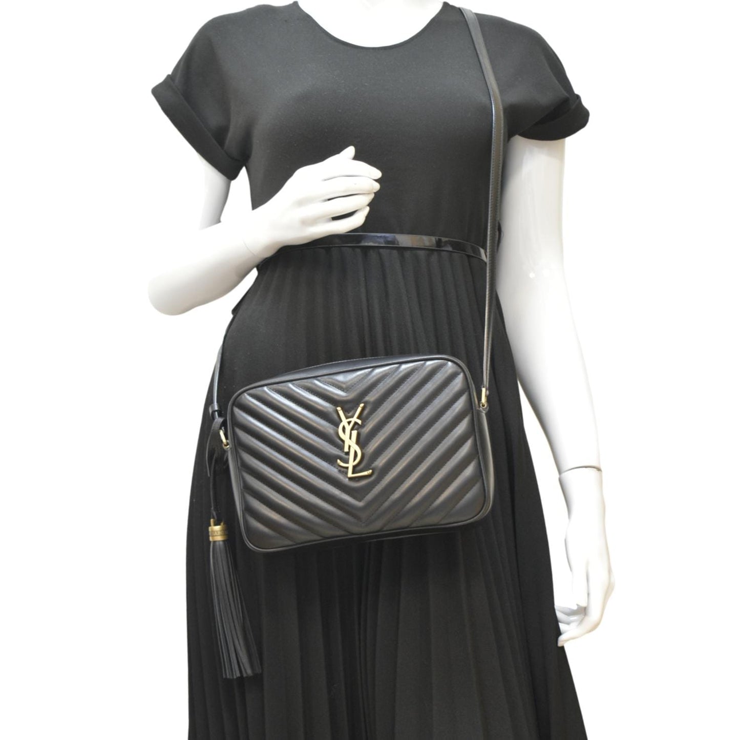 YSL Saint Laurent Yves Lou Chevron Camera Crossbody Bag Leather Black