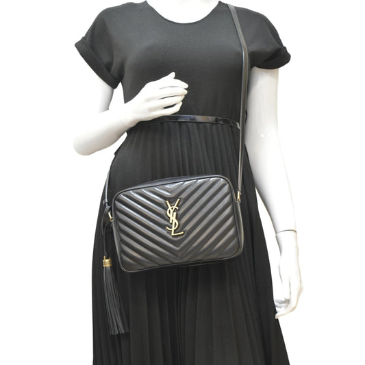 YSL Saint Laurent Yves Lou Chevron Camera Crossbody Bag Leather Black