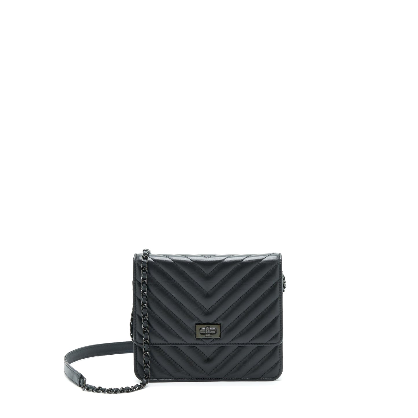 Chanel 2.55 Square On Chevron Calfskin So Black Wallet Case