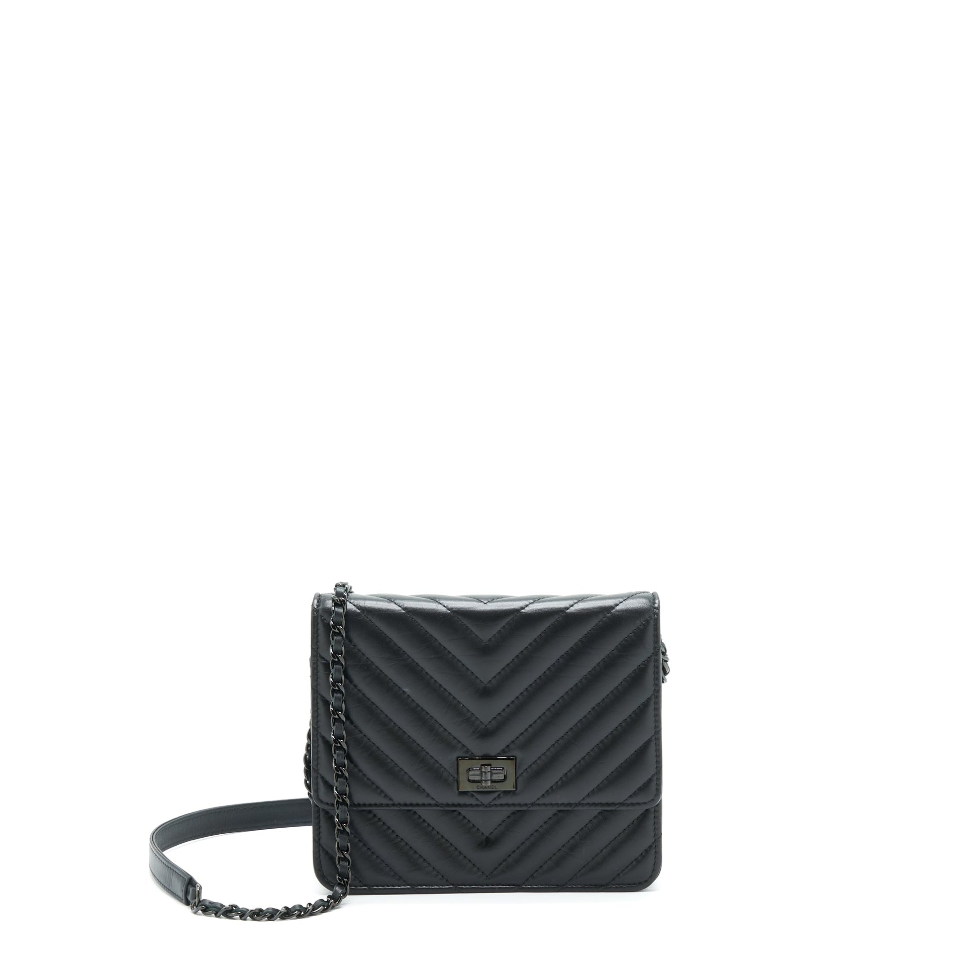Chanel 2.55 Square On Chevron Calfskin So Black Wallet Case