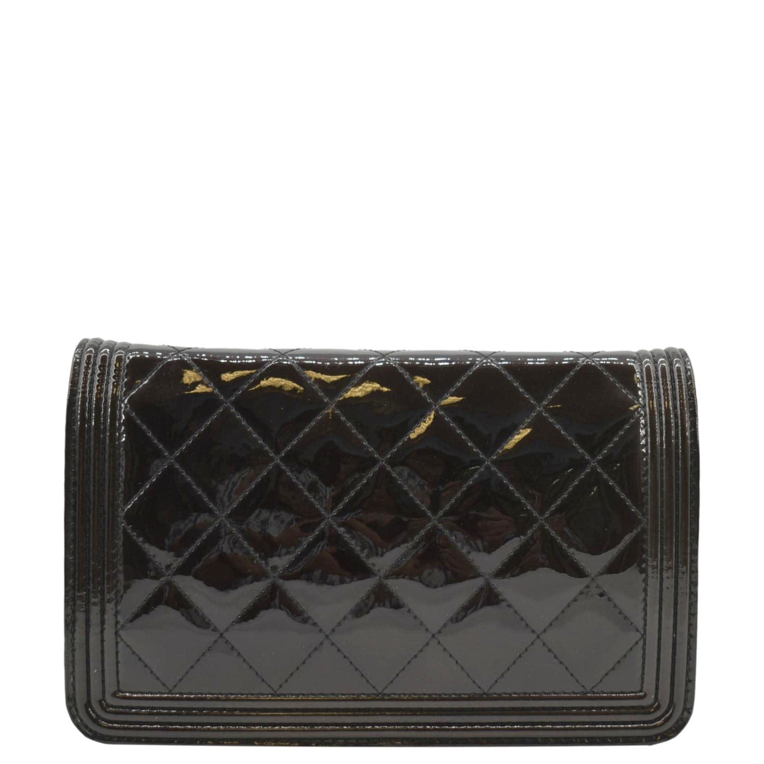 Chanel Boy WOC Quilted Patent Leather Wallet On Chain Shoulder Bag Black