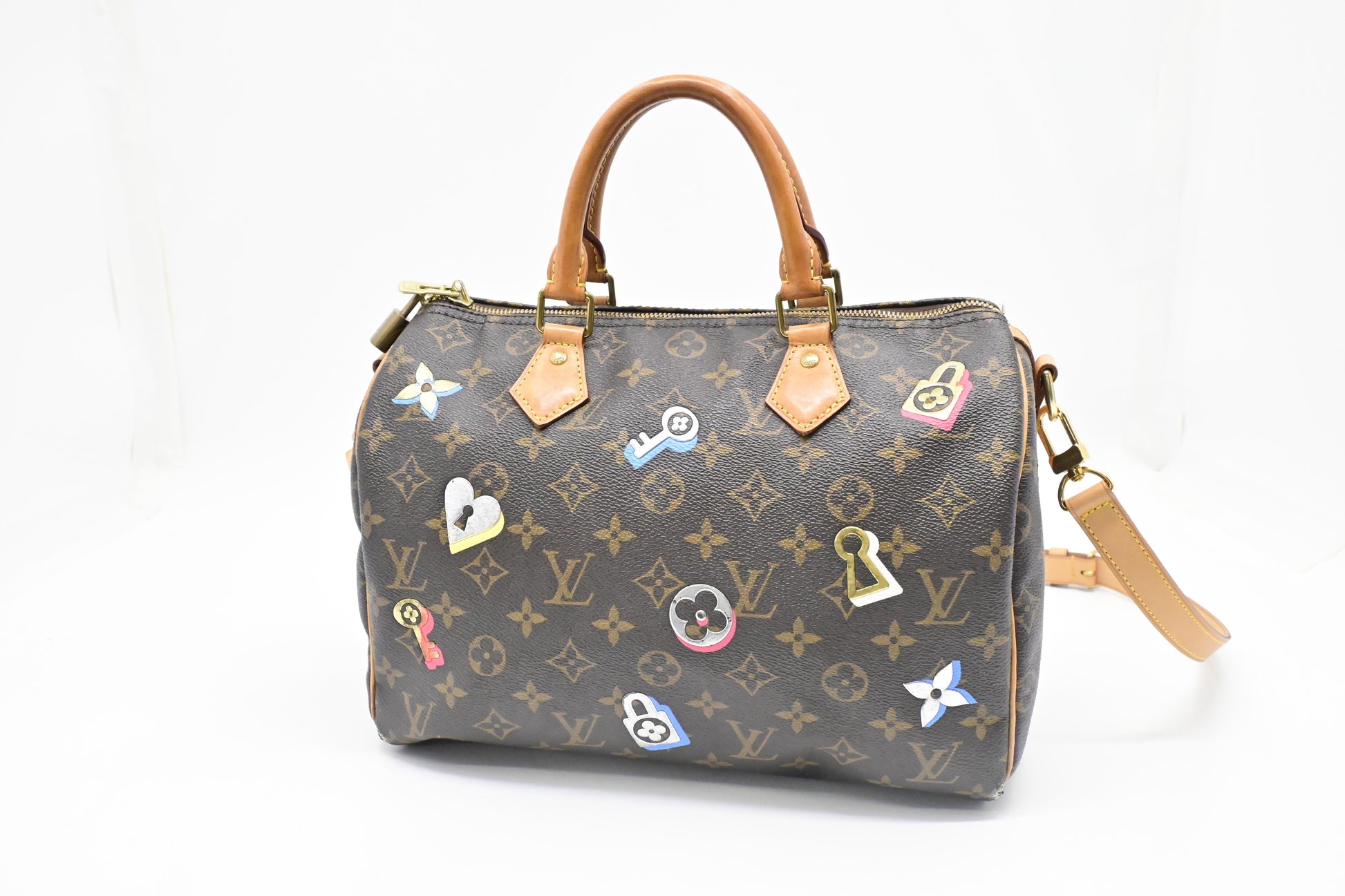 Louis Vuitton Speedy 30 Bandouliere Love Monogram Lock Canvas Handbag