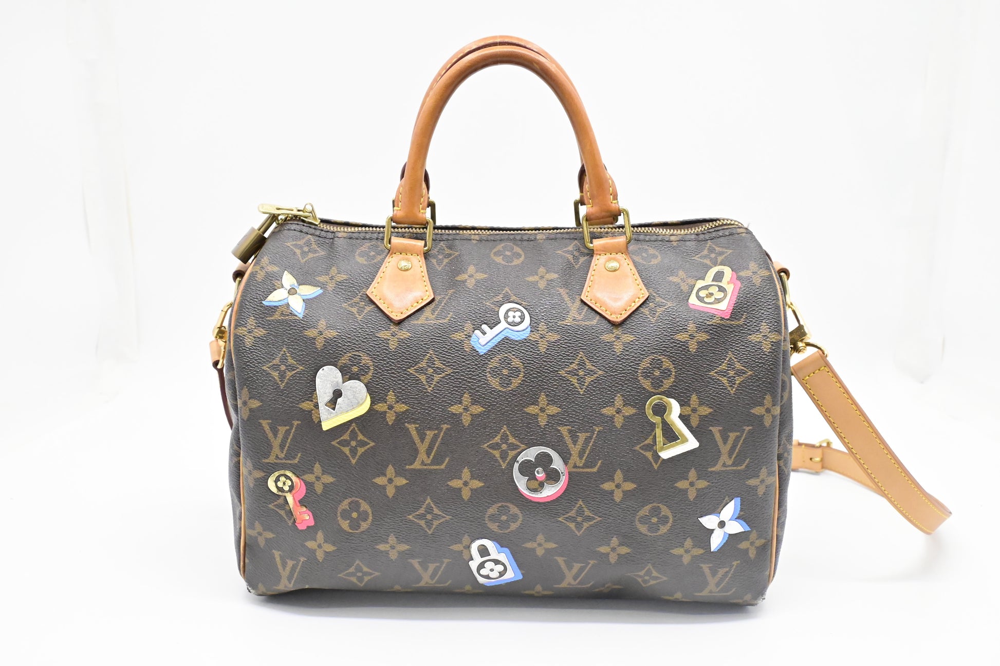 Louis Vuitton Speedy 30 Bandouliere Love Monogram Lock Canvas Handbag