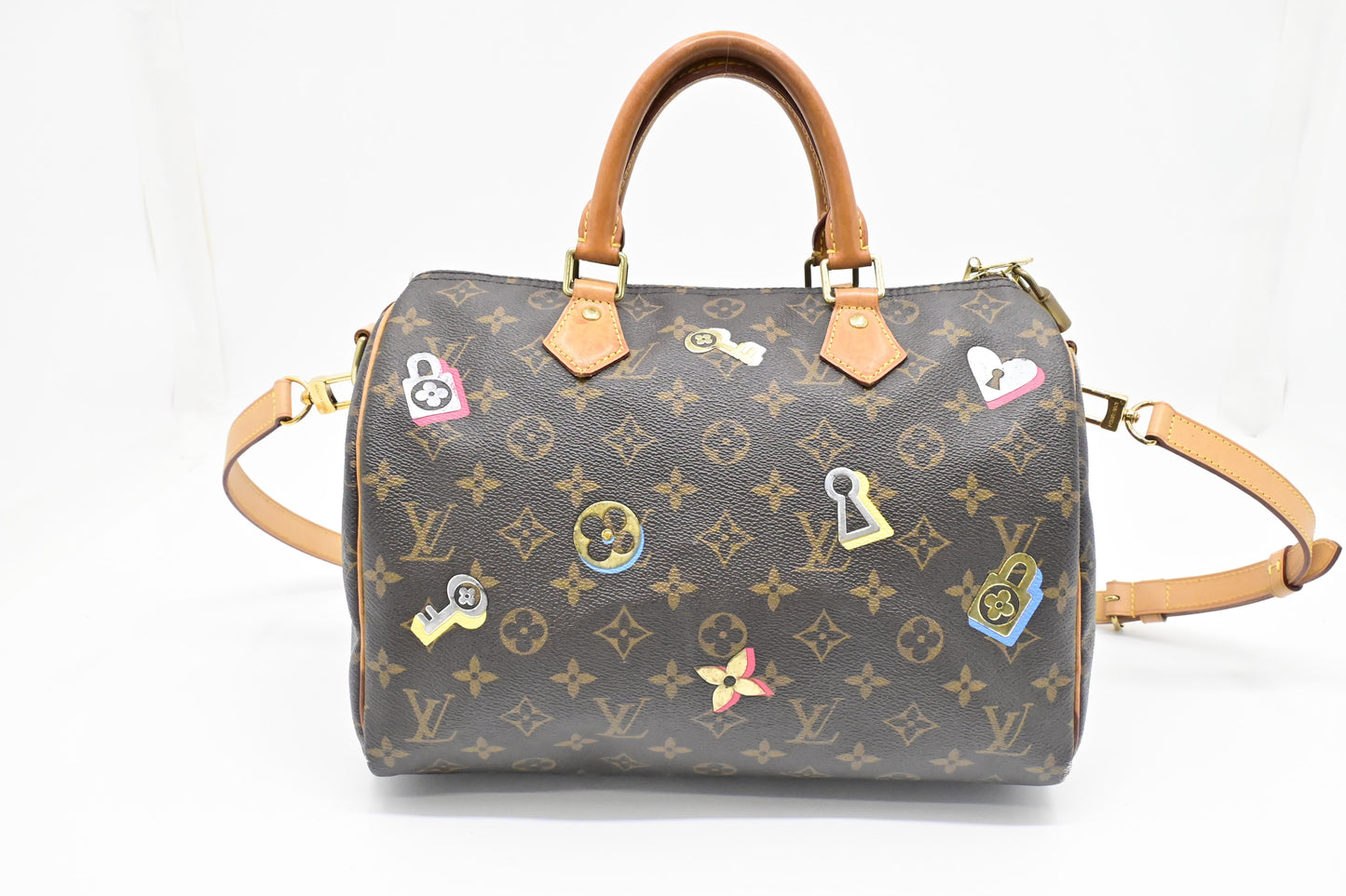 Louis Vuitton Speedy 30 Bandouliere Love Monogram Lock Canvas Handbag