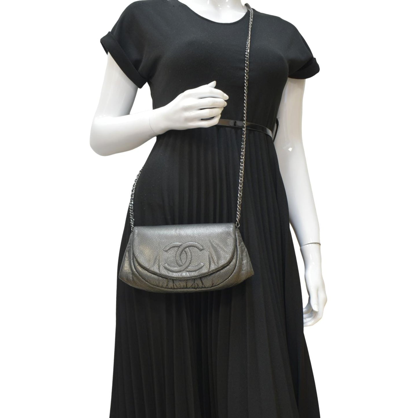 Chanel Half Moon Caviar on Leather Gray Wallet Case