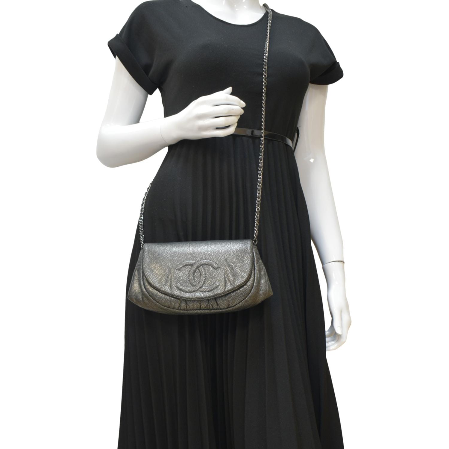 Chanel Half Moon Caviar on Leather Gray Wallet Case