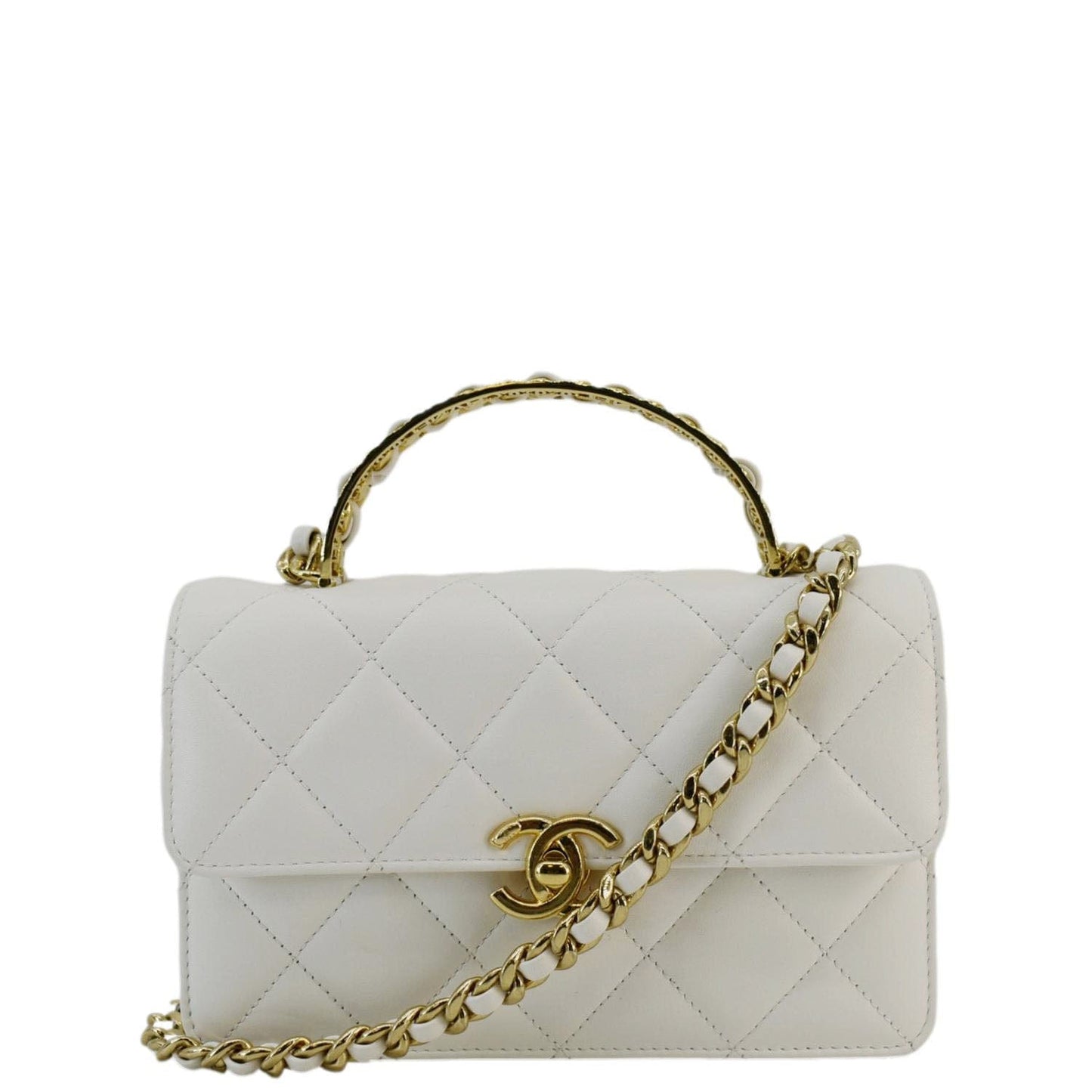 Chanel Top Handle Flap Quilted Leather White Travel Bag