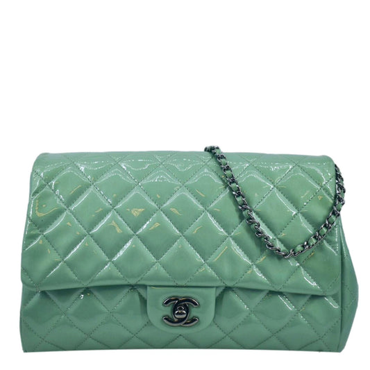 Chanel Flap Quilted Patent Leather Shoulder Bag Green