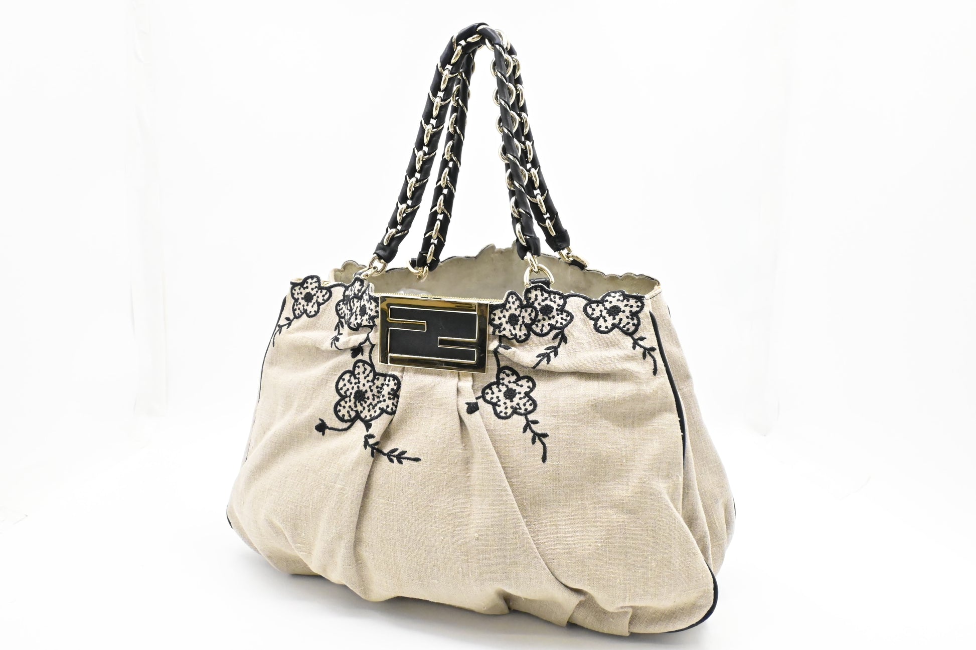 Fendi Tote Flower Embroideries In Canvas Beige Tote Bag