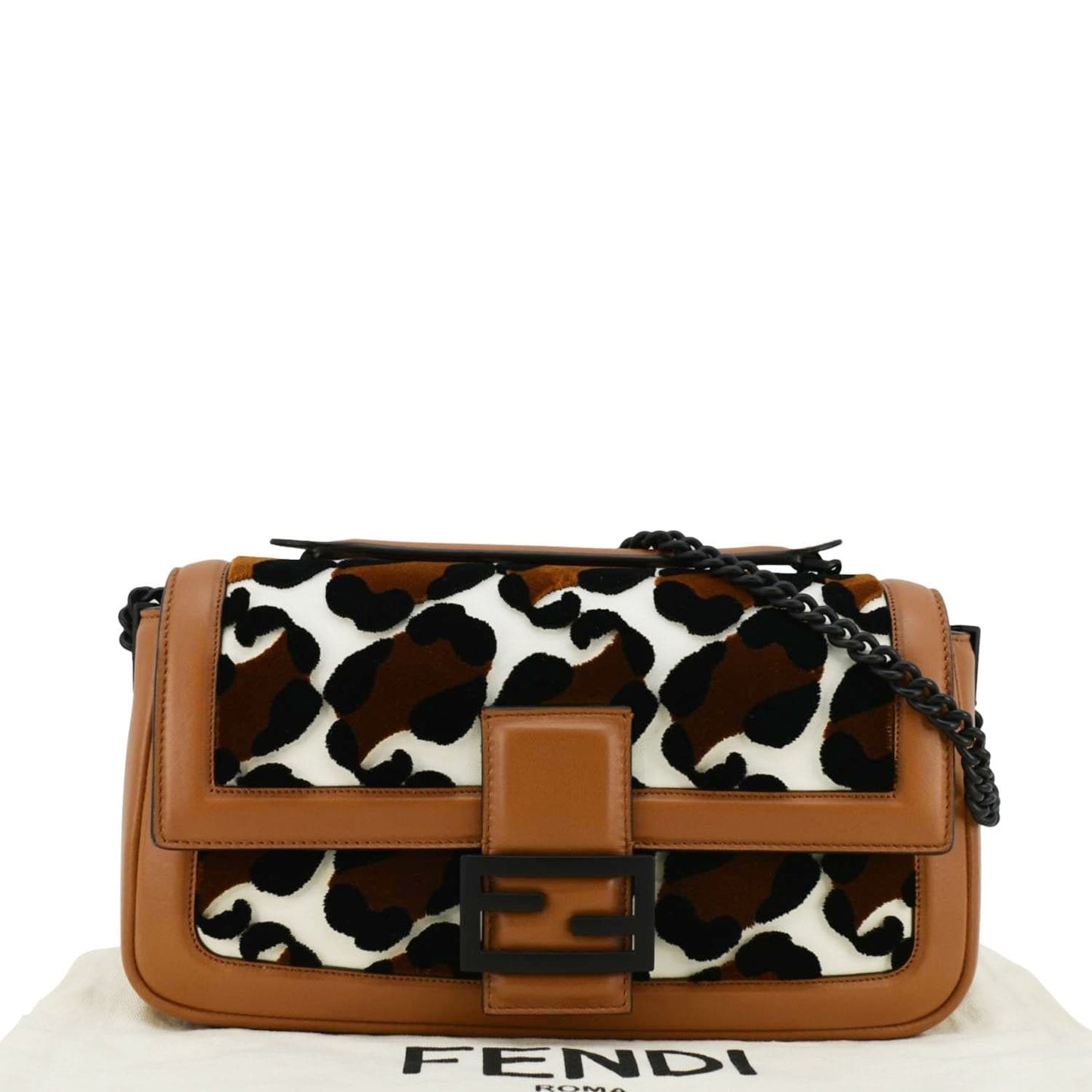 Fendi Baguette Leopard Print Calf Shoulder Bag Leather Calf Leather Brown
