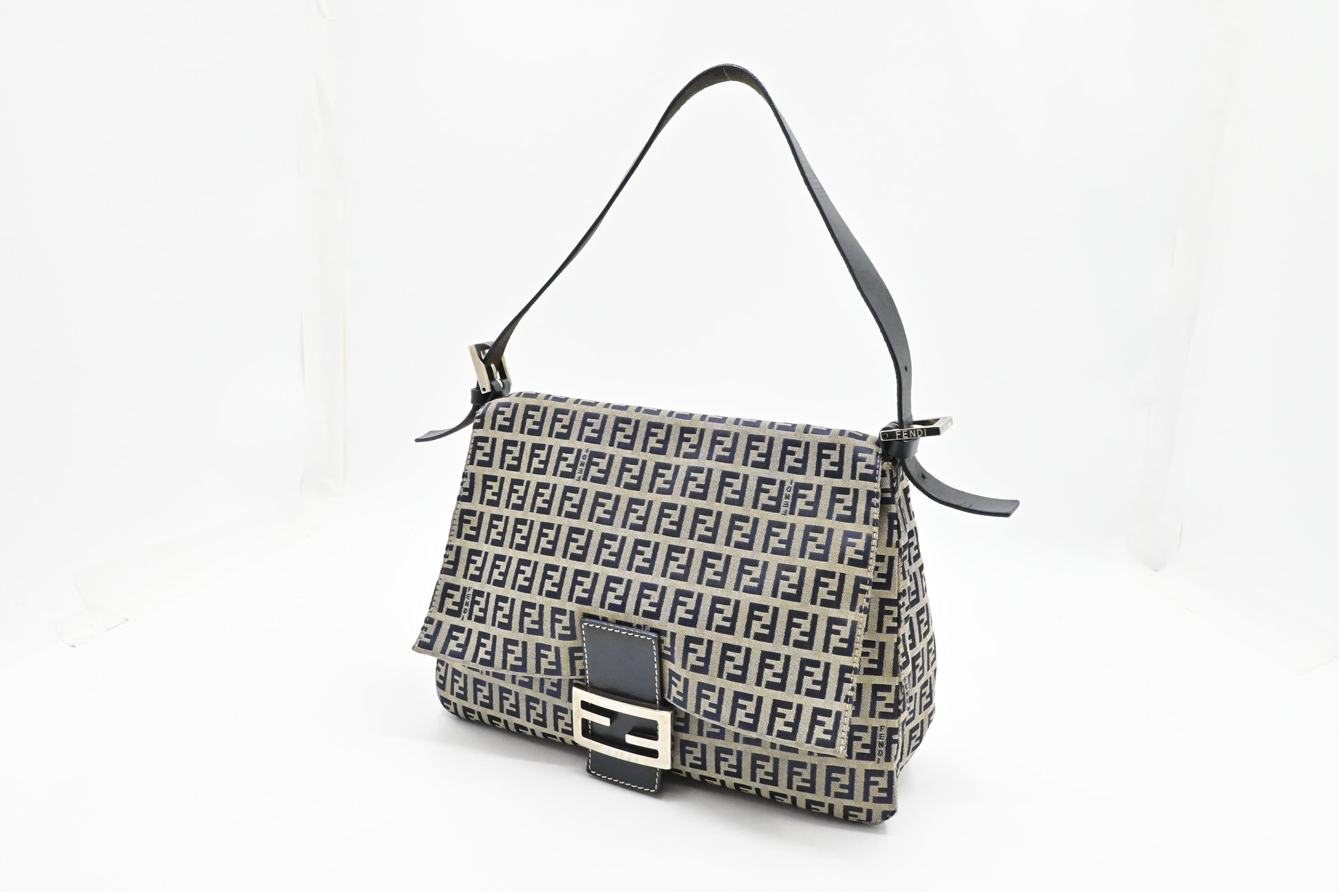 Fendi Mama Baguette In Zucca Handbag Canvas Navy Shoulder Bag And Grey Canvas