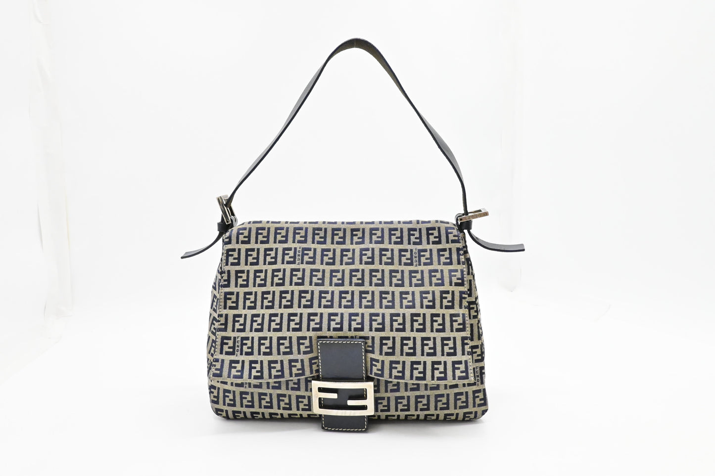 Fendi Mama Baguette In Zucca Handbag Canvas Navy Shoulder Bag And Grey Canvas
