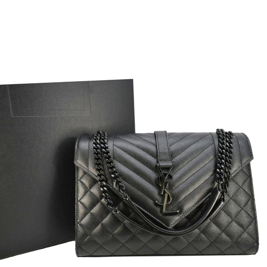 YSL Saint Laurent Yves Envelope Mixed Shoulder Bag Leather Matelasse Black