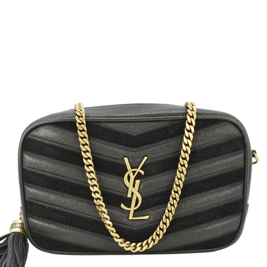 YSL Saint Laurent Yves Lou Camera Chevron Crossbody Bag Leather Black