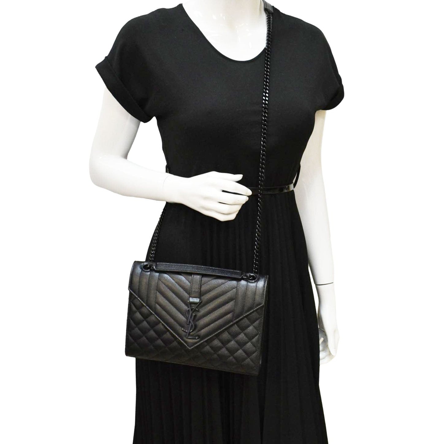 YSL Saint Laurent Yves Envelope Mixed Shoulder Bag Leather Matelasse Black