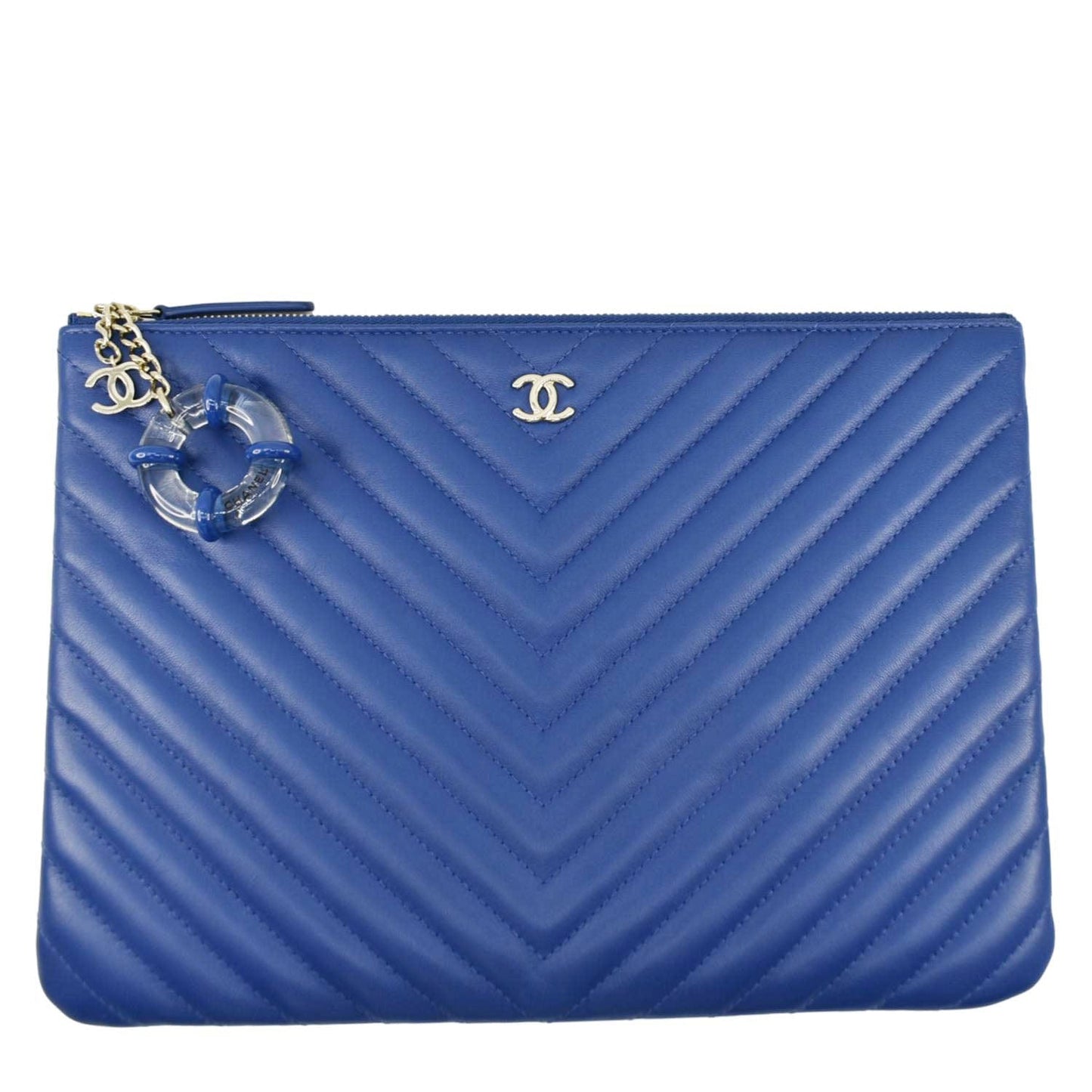 Chanel O Chevron Leather Blue Travel Bag Clutch Blue
