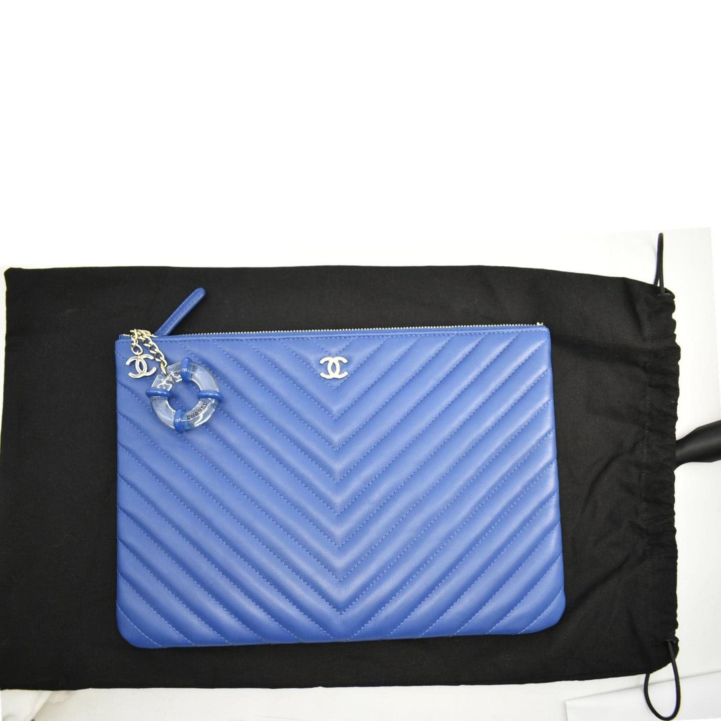 Chanel O Chevron Leather Blue Travel Bag Clutch Blue