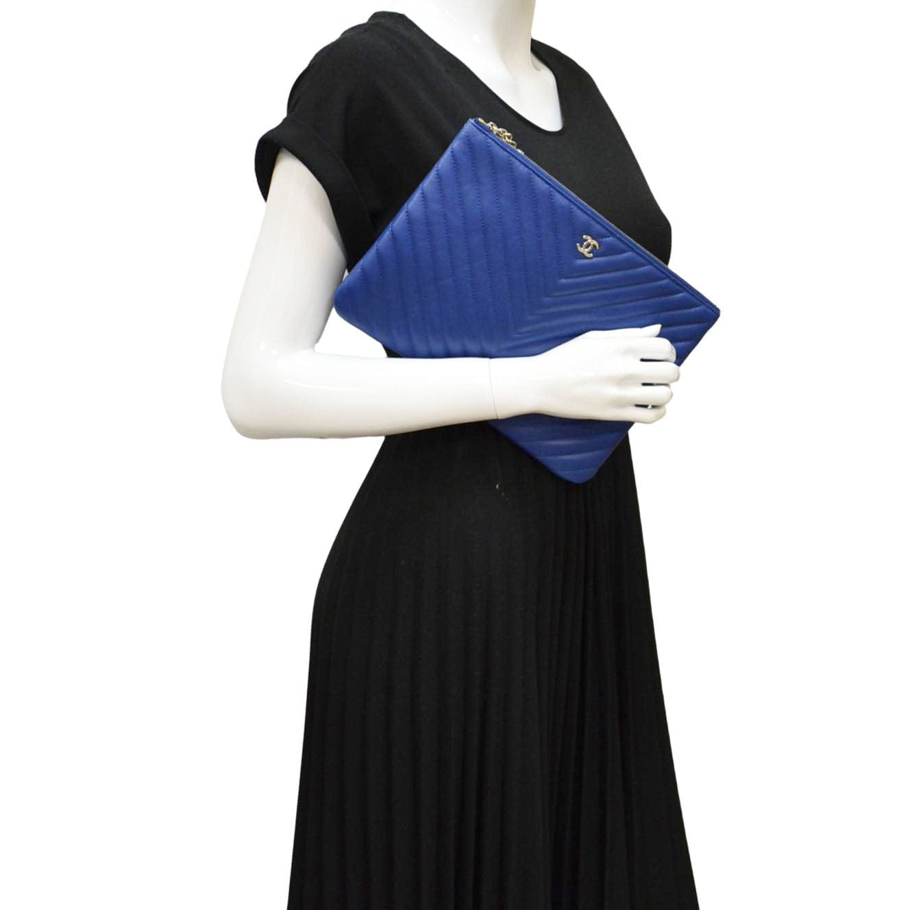 Chanel O Chevron Leather Blue Travel Bag Clutch Blue