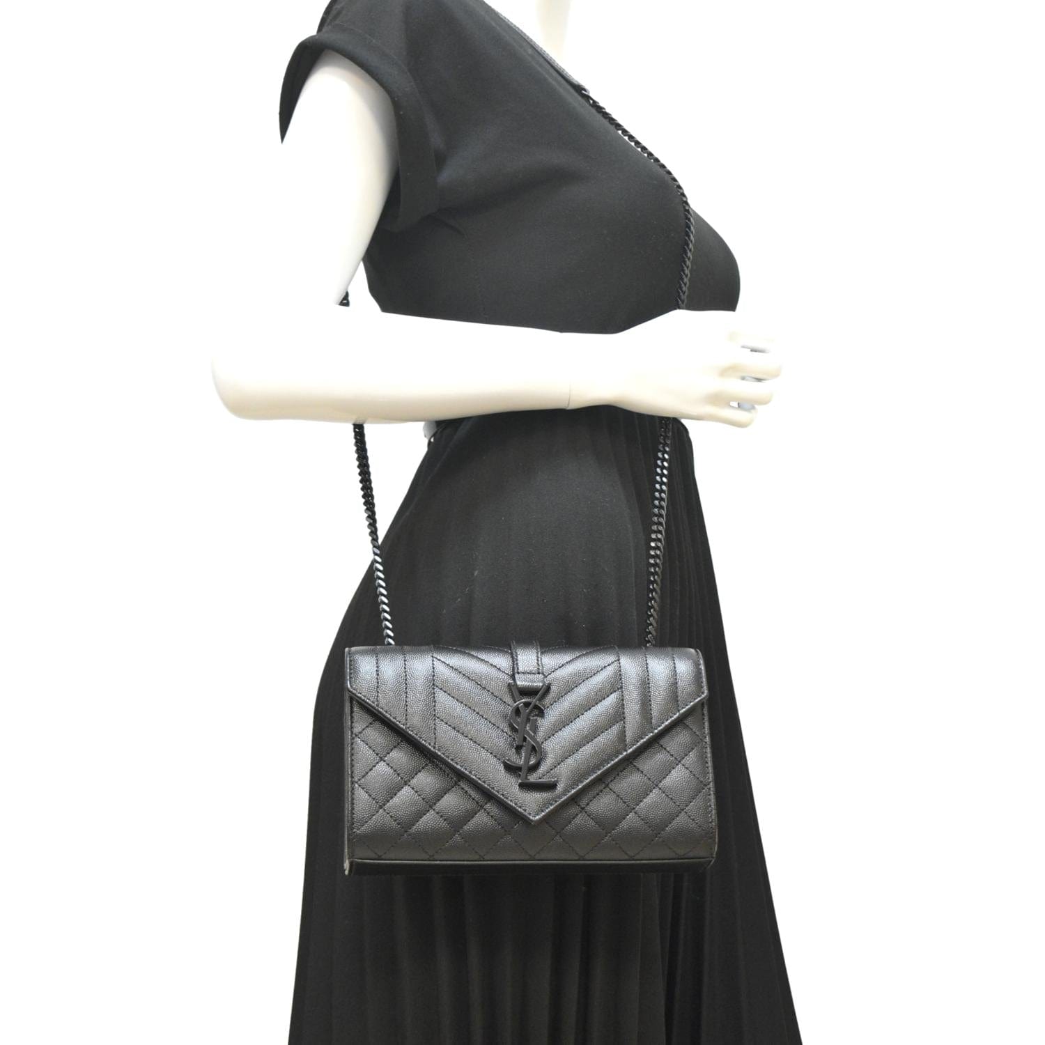 YSL Saint Laurent Saint Grain De Poudre Embossed Crossbody Bag Leather Black