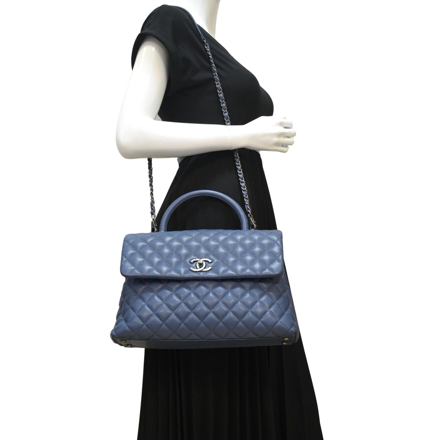 Chanel CC Coco Caviar Leather Top Handle Flap Shoulder Bag Blue
