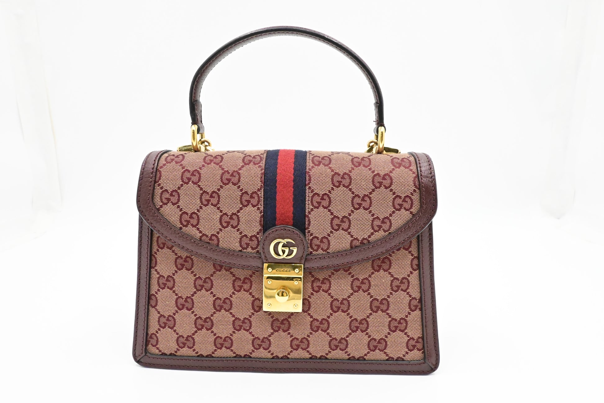 Gucci Ophidia Burgundy GG & Leather Canvas Top Handle Travel Bag