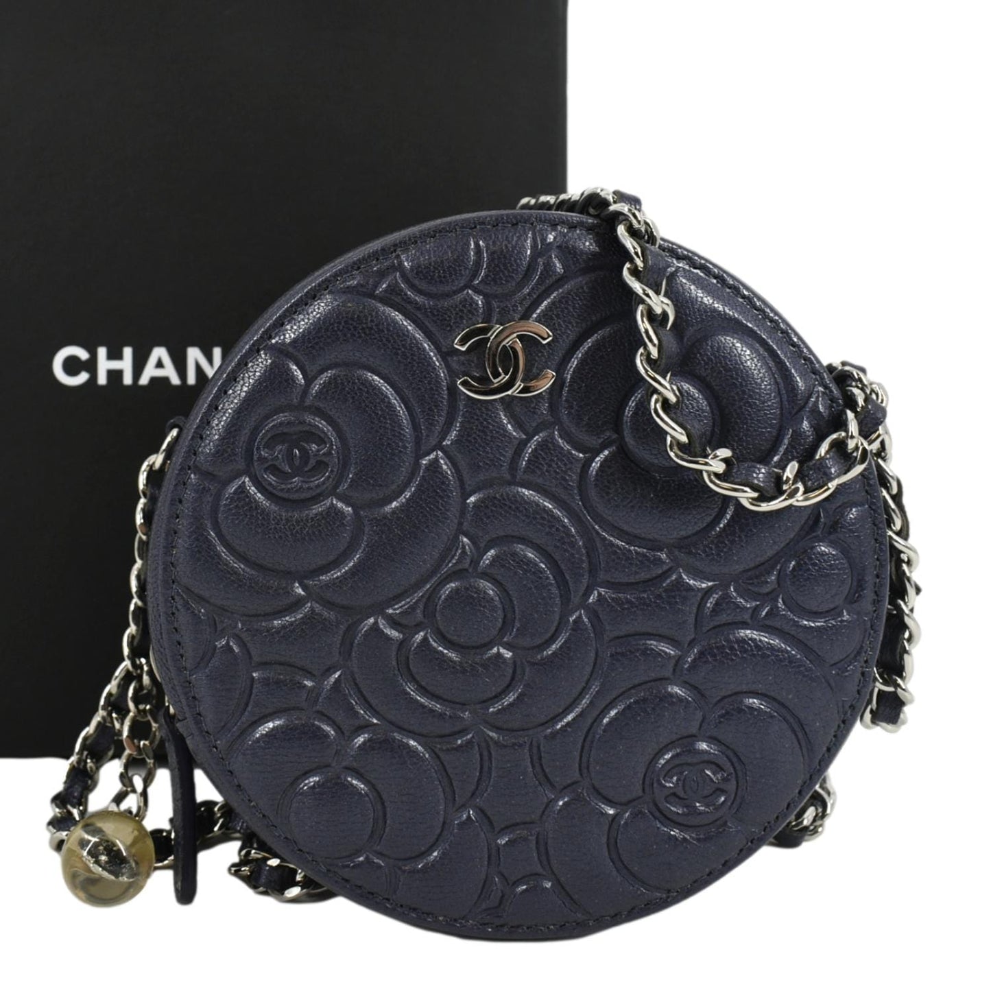 Chanel Camellia Round Goatskin Dark Leather Blue Travel Bag