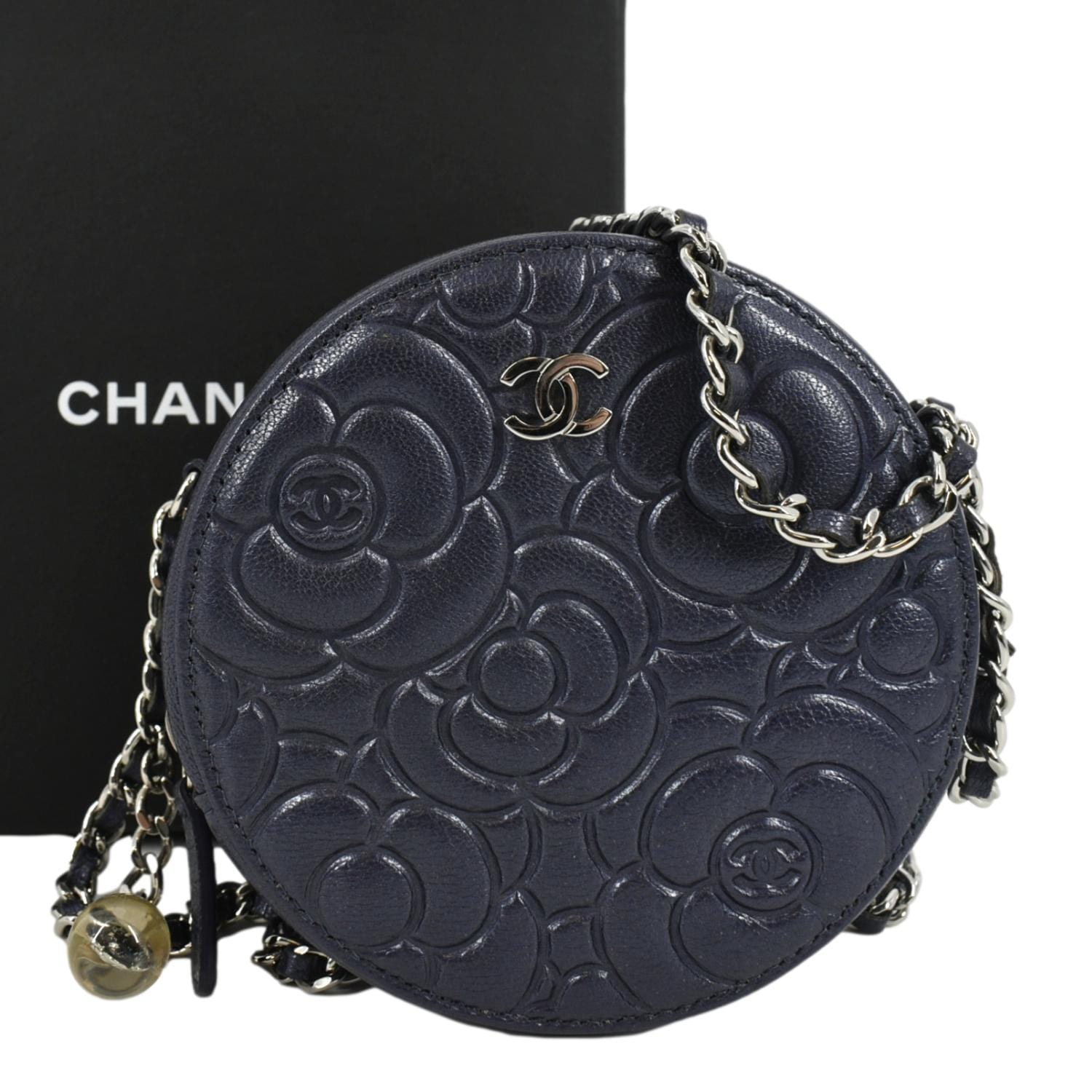 Chanel Camellia Round Goatskin Dark Leather Blue Travel Bag