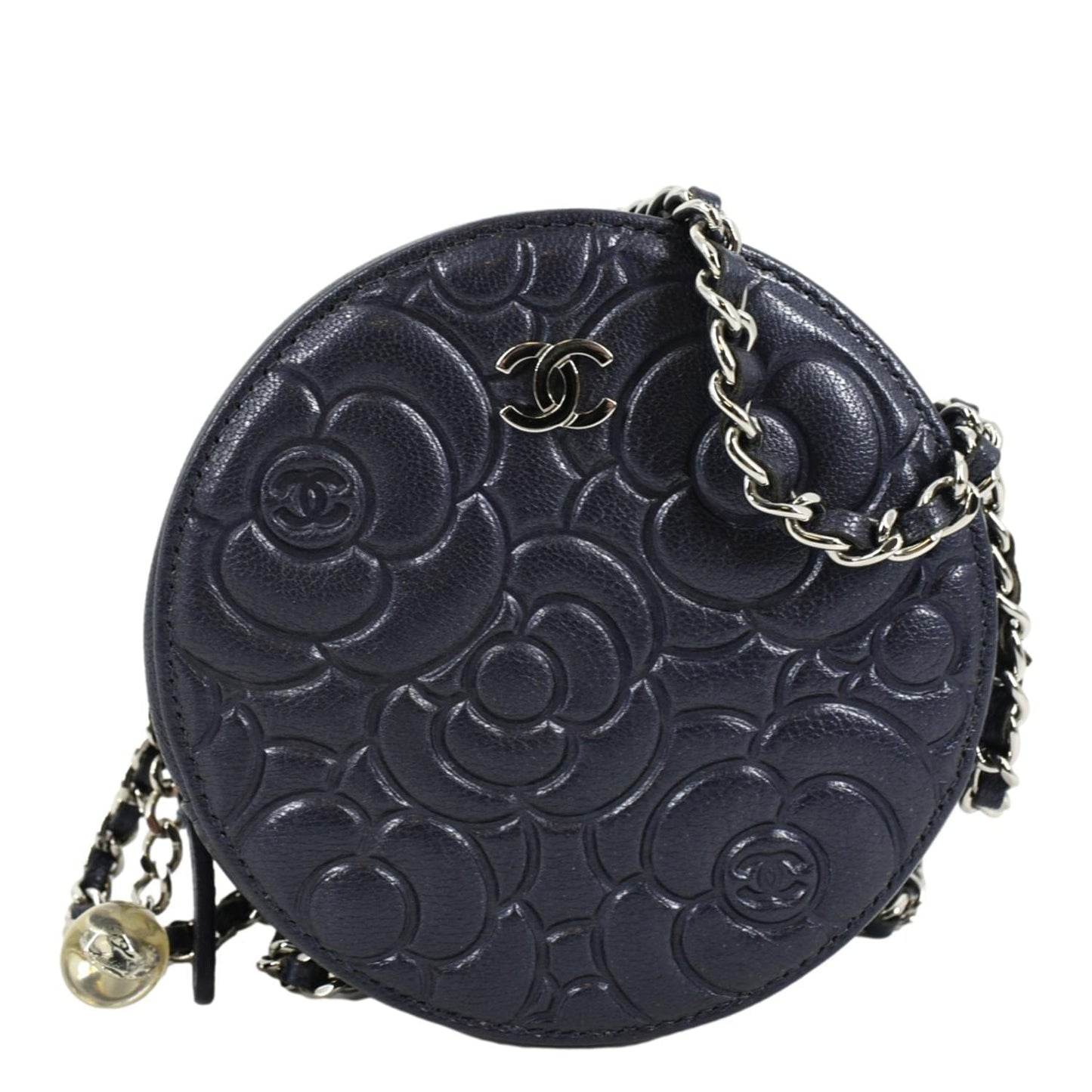 Chanel Camellia Round Goatskin Dark Leather Blue Travel Bag