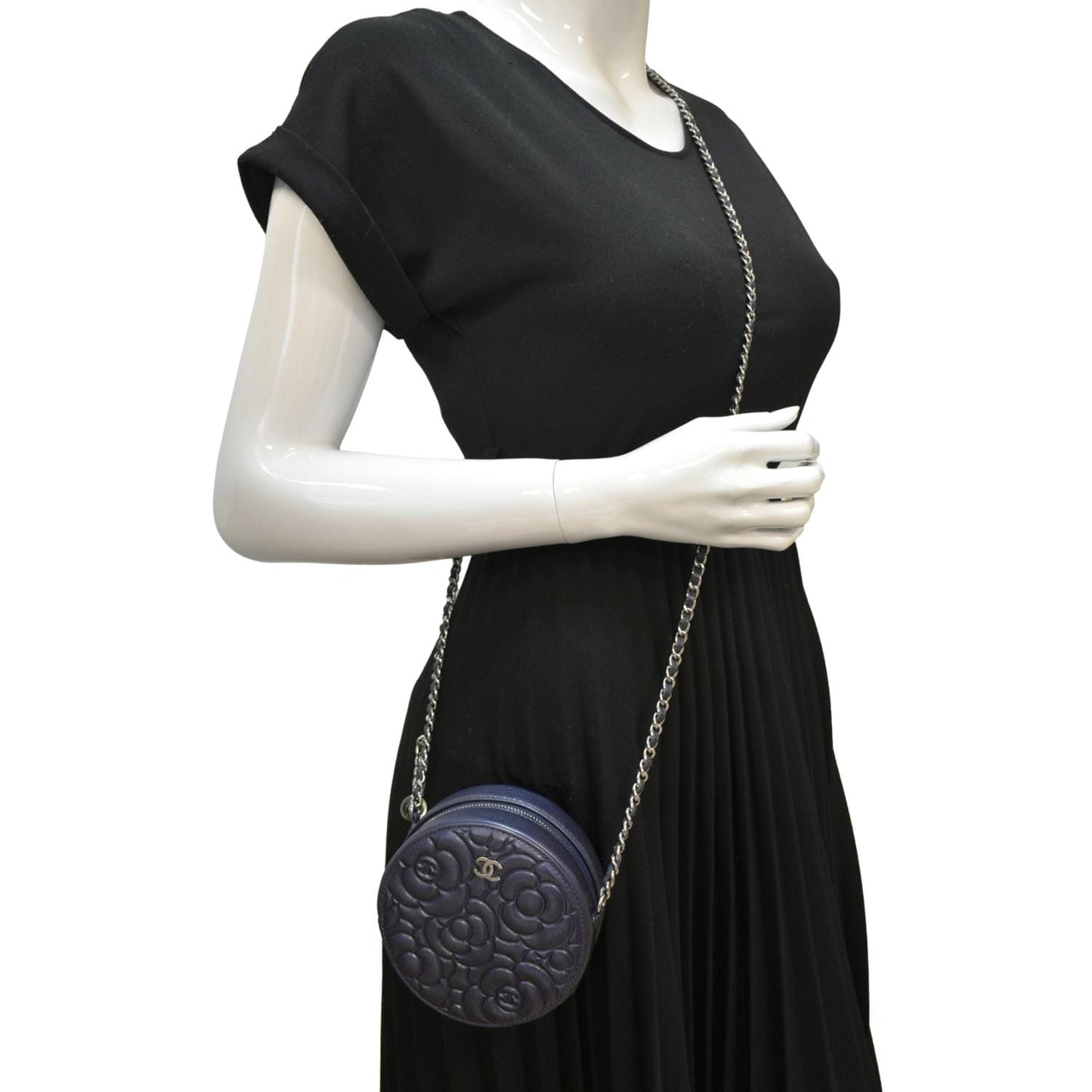 Chanel Camellia Round Goatskin Dark Leather Blue Travel Bag