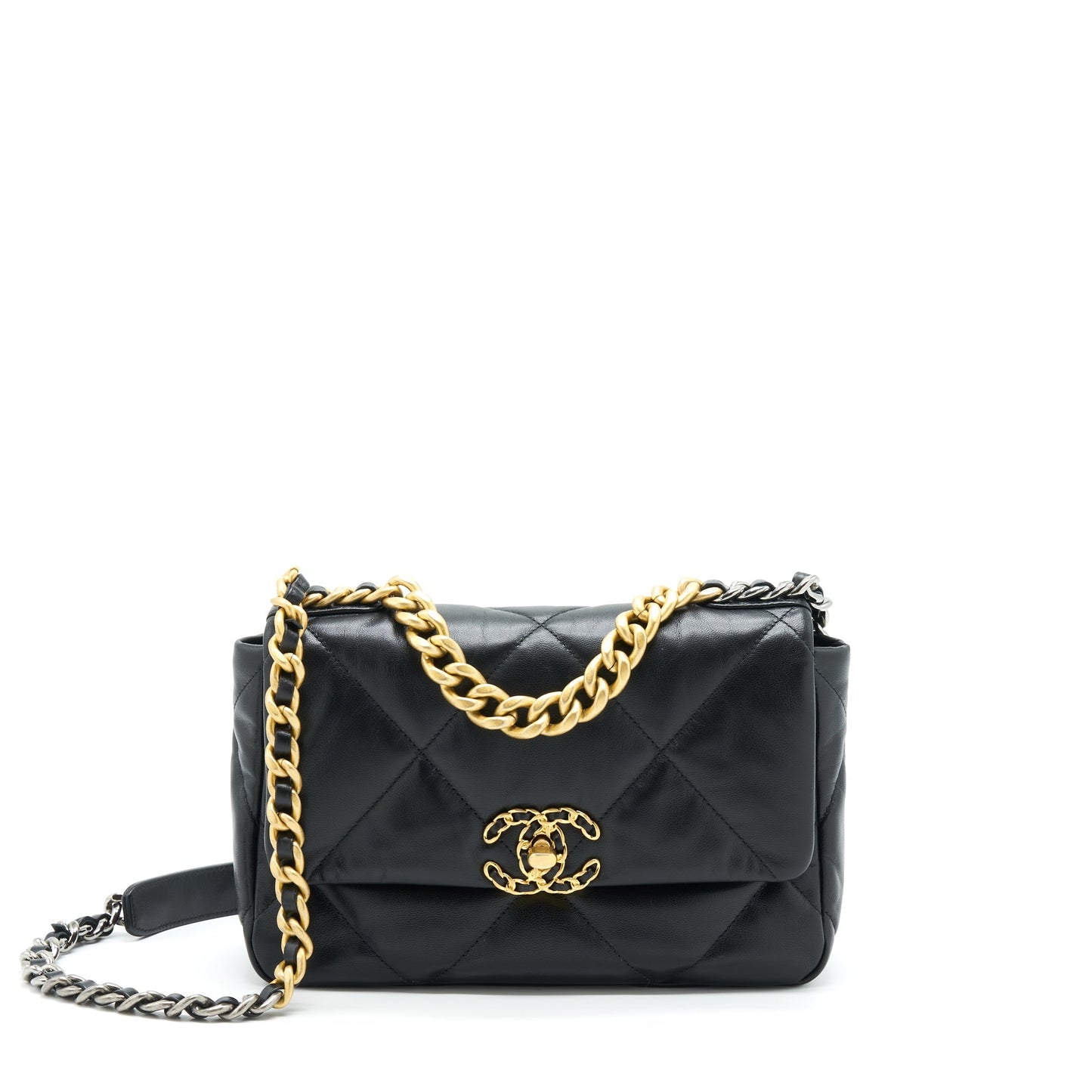 Chanel 19 Goatskin Sliver Hardware Black Gold Small Handbag