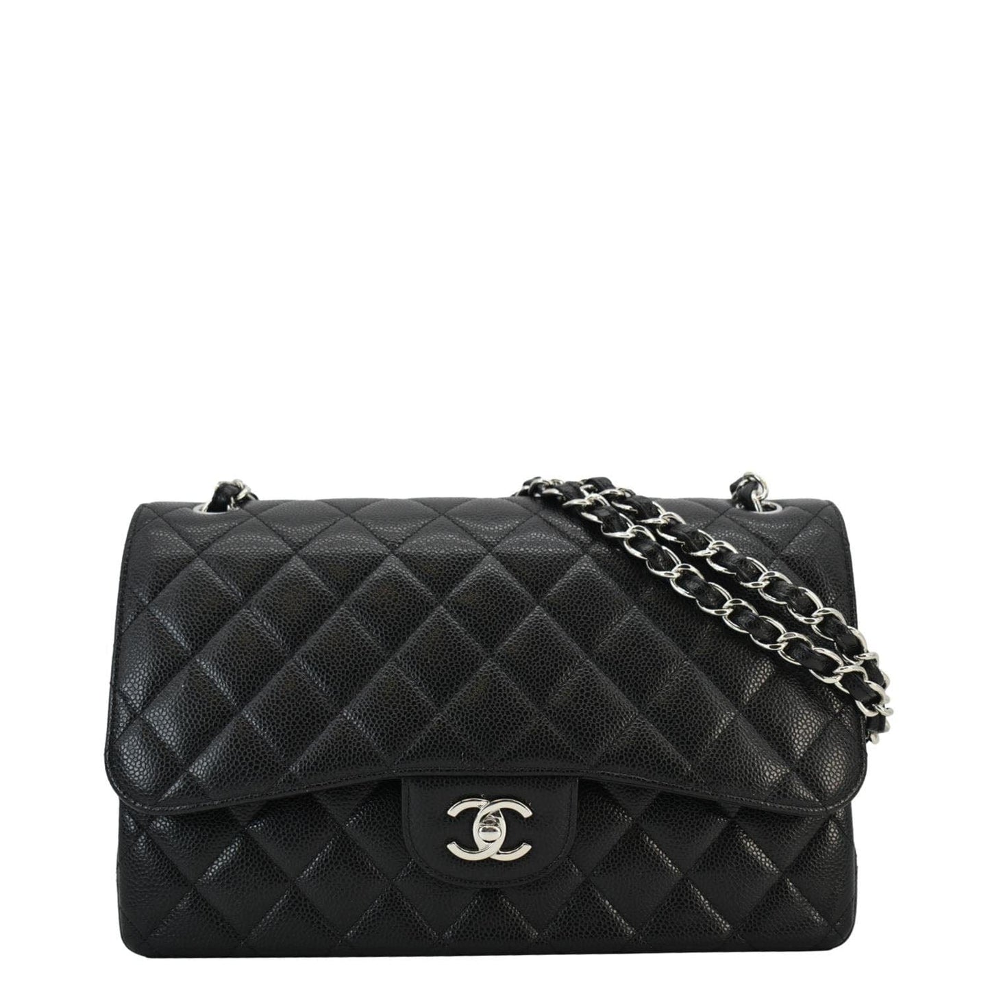 Chanel Classic Jumbo Double Flap Quilted Leather Black Travel Bag Black Chip