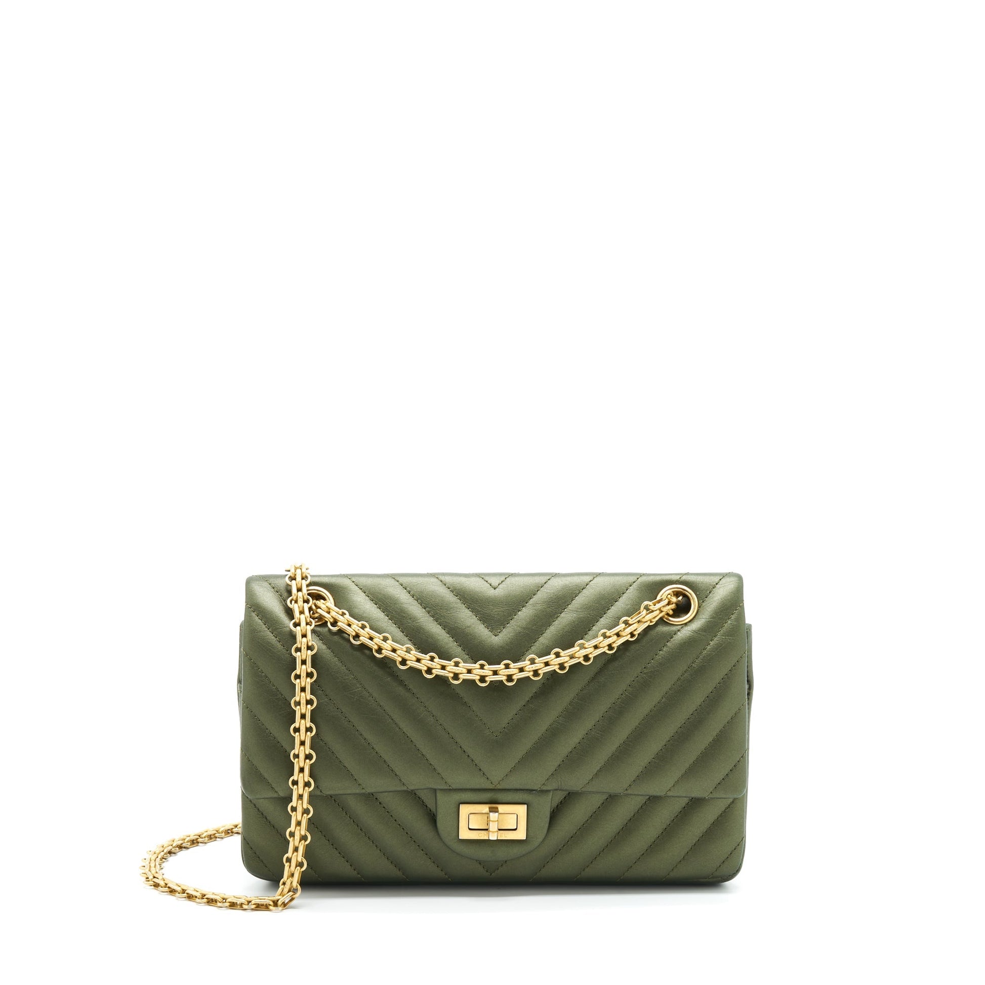 Chanel 2.55 Reissue Flap Calfskin Dark Brushed Green Gold Small Shoulder Bag