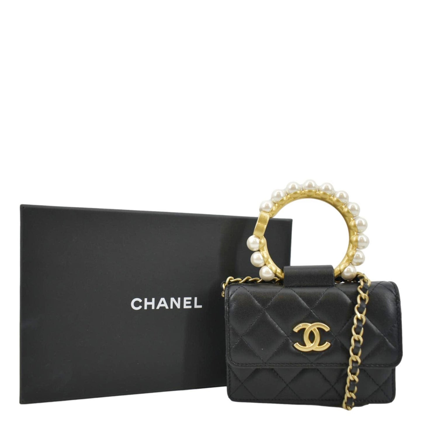 Chanel Pearl Mini Quilted Leather Top Handle Shoulder Bag Black