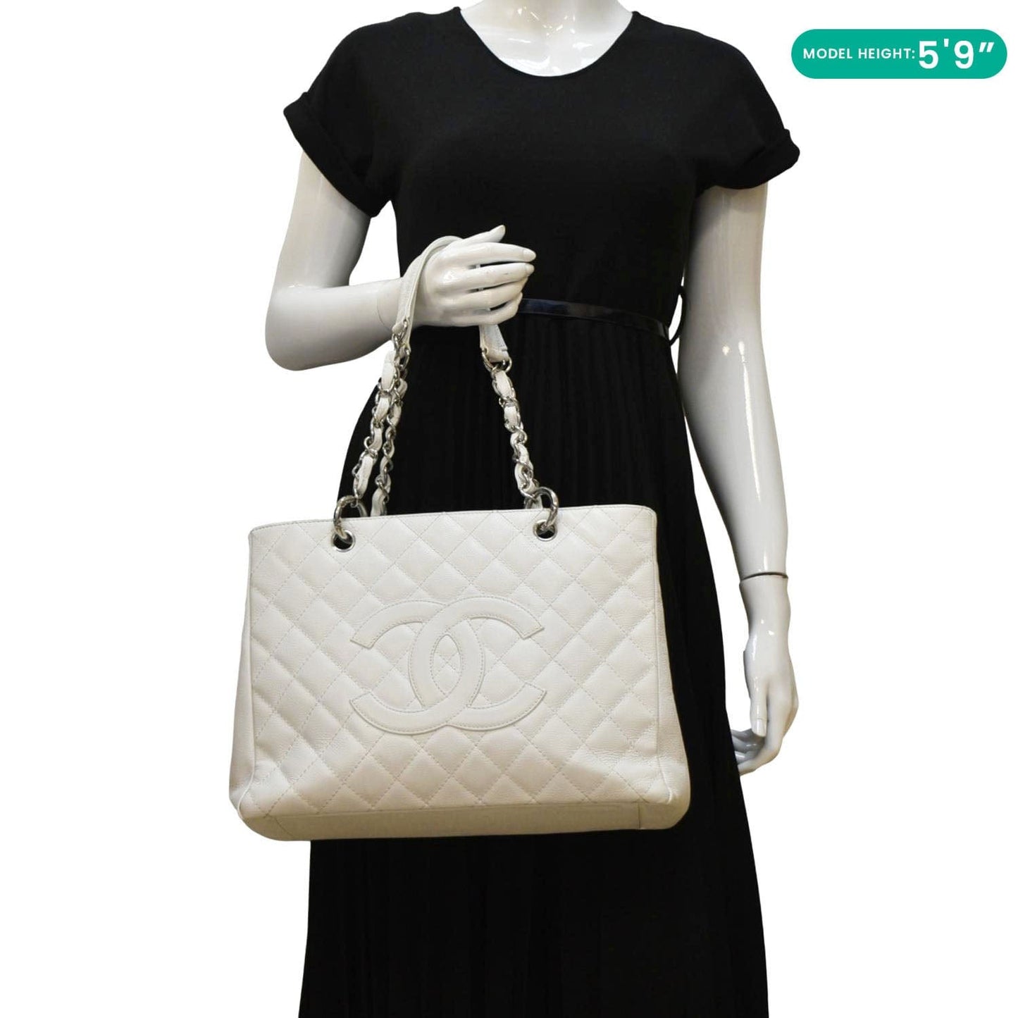 Chanel Grand Shopping Quilted Caviar GST Leather White Travel Bag