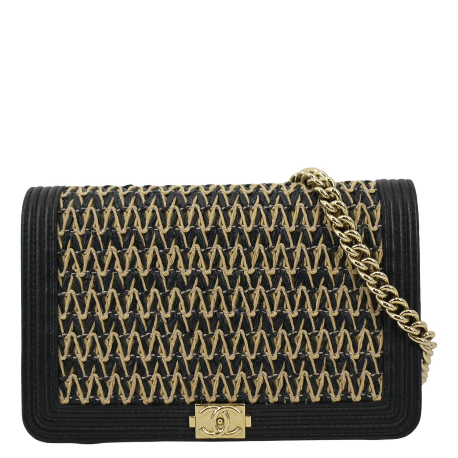 Chanel Boy Flap Woven Raffia Leather Black Travel Bag