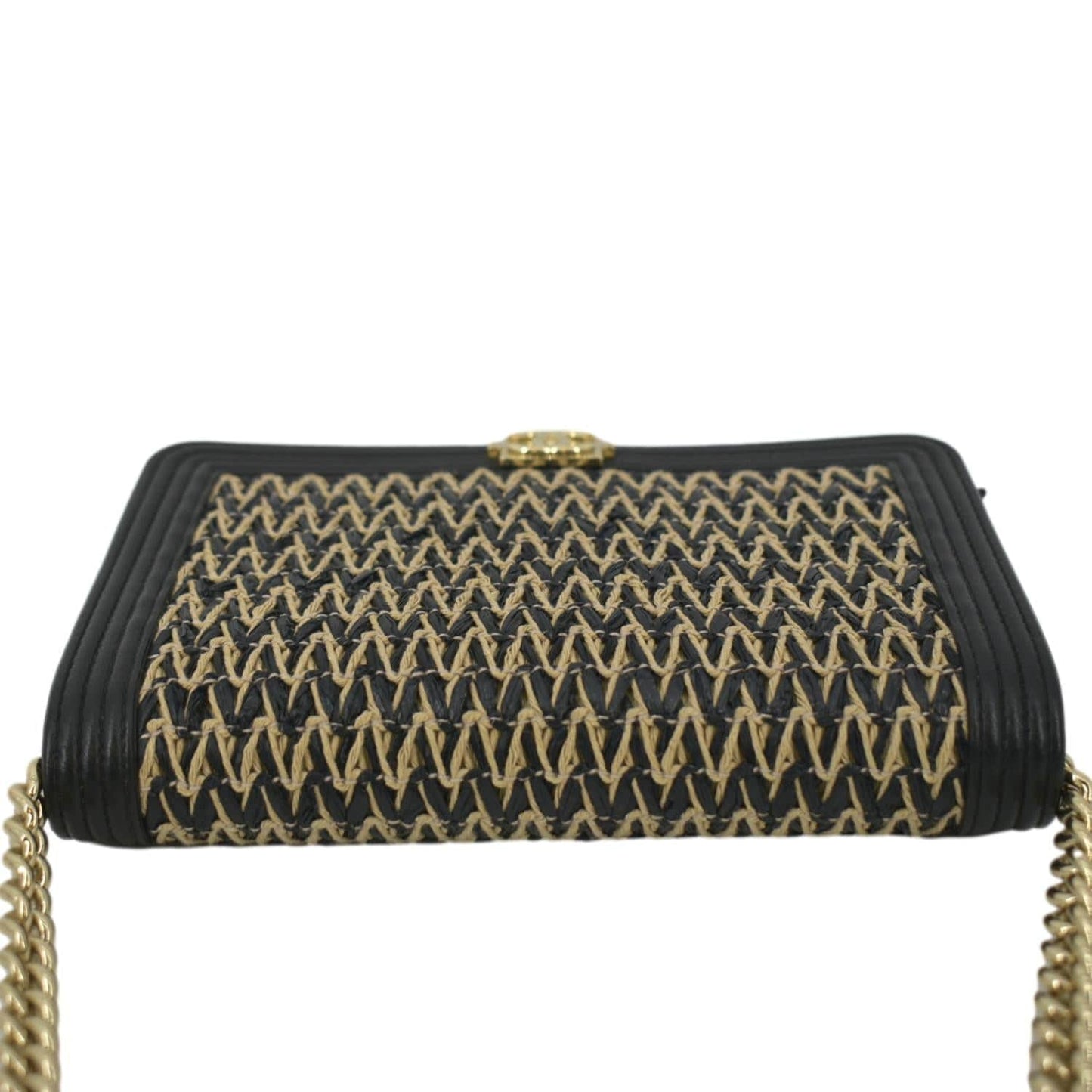 Chanel Boy Flap Woven Raffia Leather Black Travel Bag
