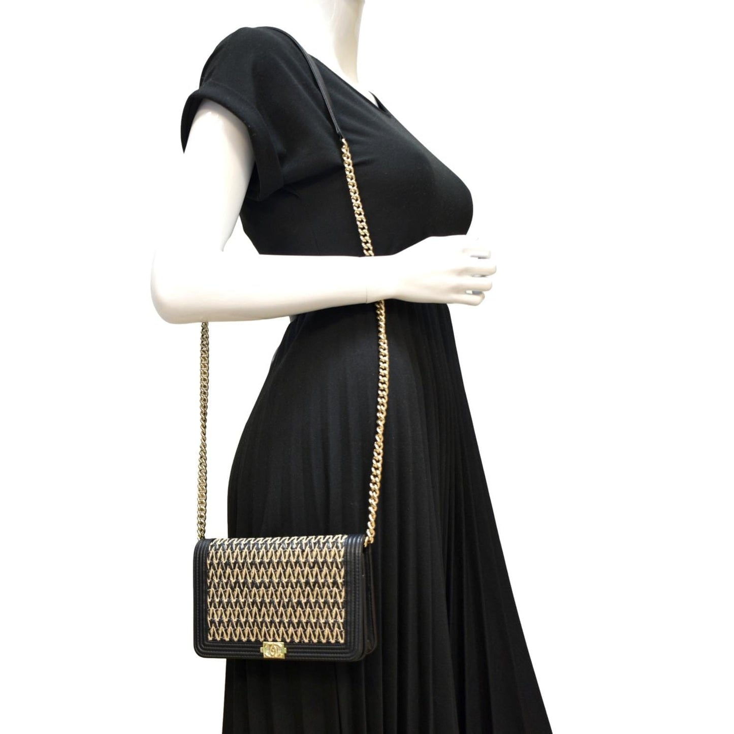 Chanel Boy Flap Woven Raffia Leather Black Travel Bag