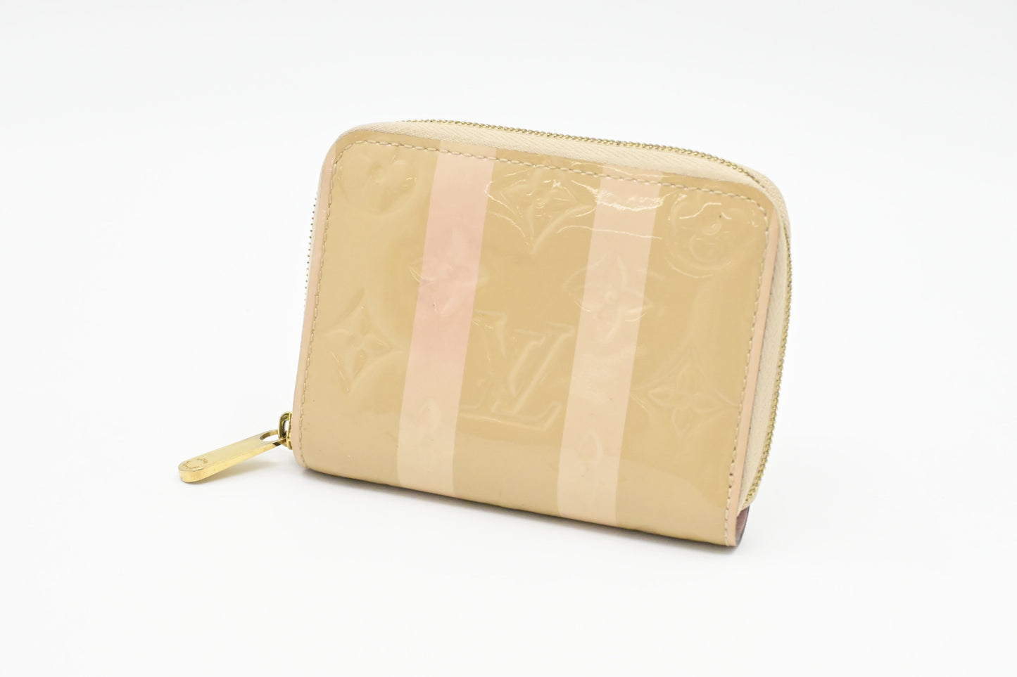 Louis Vuitton Compact Zippy Rayures Vernis Leather Pink Beige Wallet Case