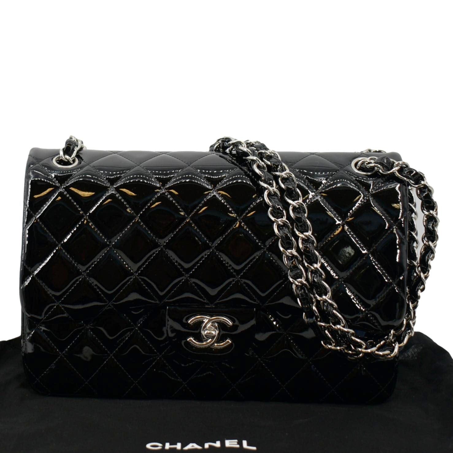 Chanel Jumbo Flap Quilted Patent Leather Black Travel Bag