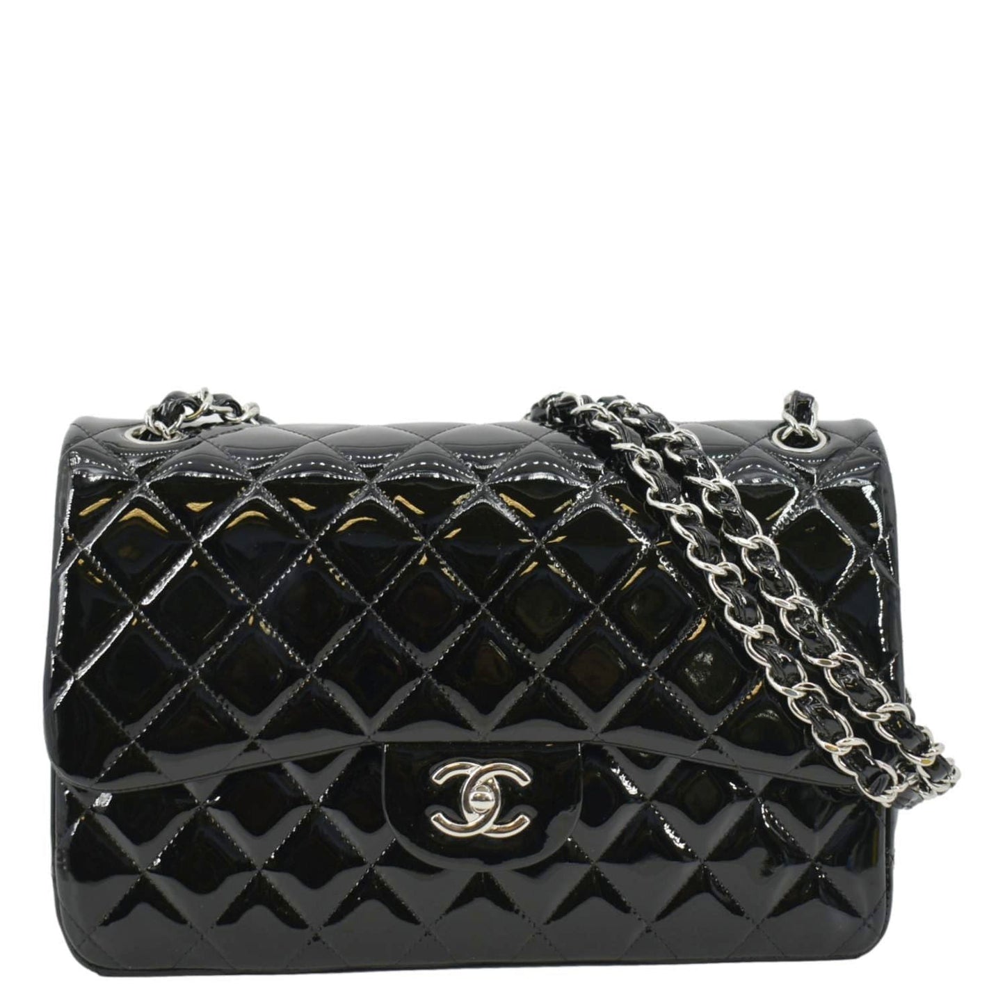 Chanel Jumbo Flap Quilted Patent Leather Black Travel Bag