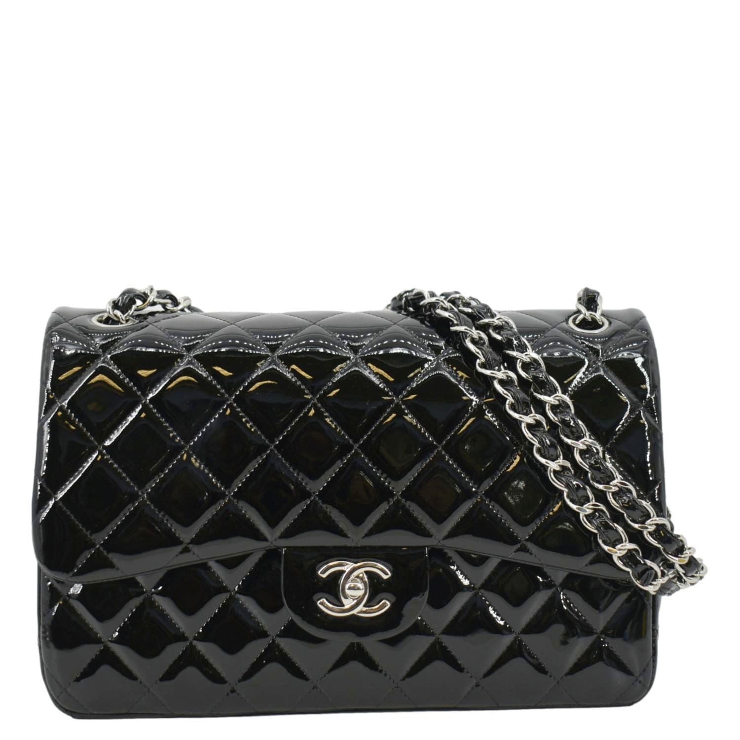 Chanel Jumbo Flap Quilted Patent Leather Black Travel Bag